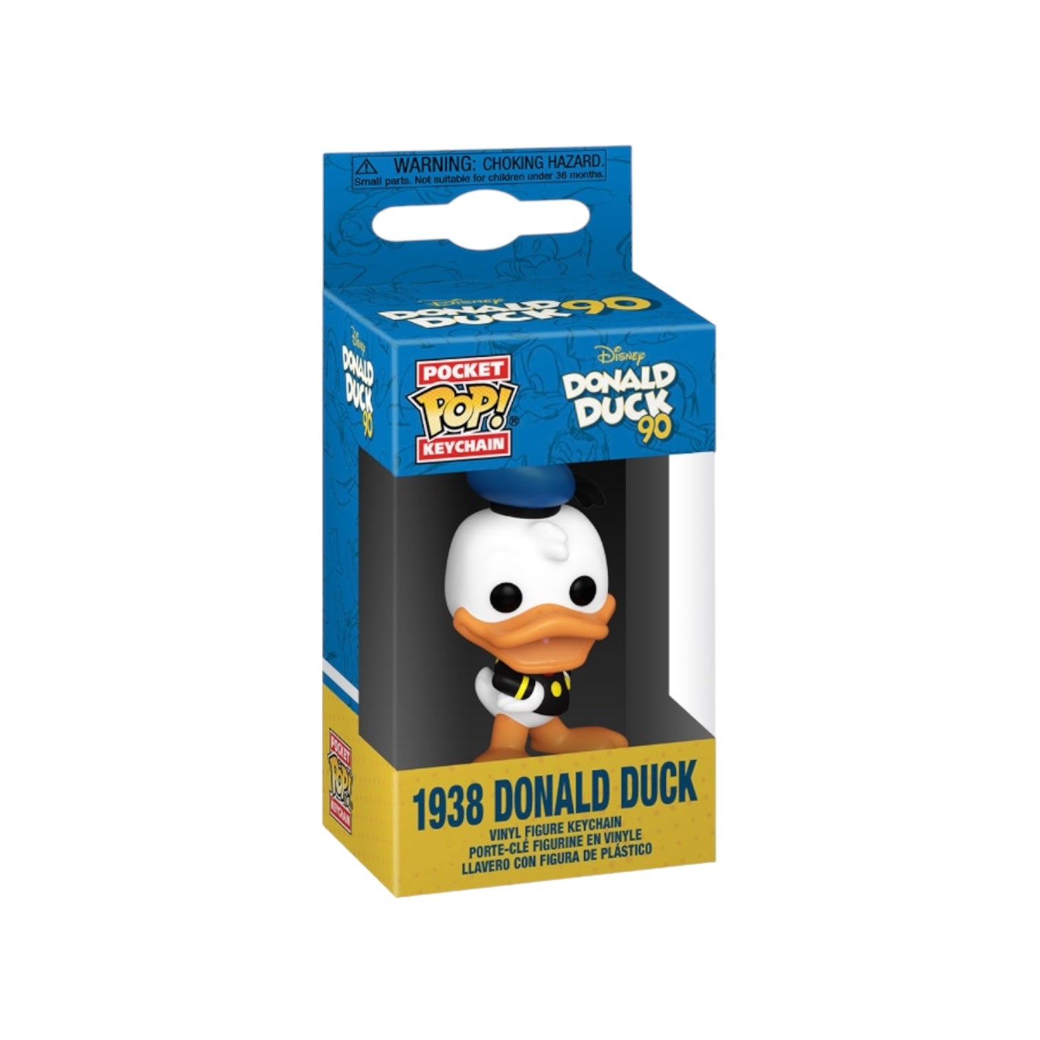 1938 Donald Duck Pocket Pop keychain celebrating his 90th anniversary, featuring a cute, stylized Donald Duck design.