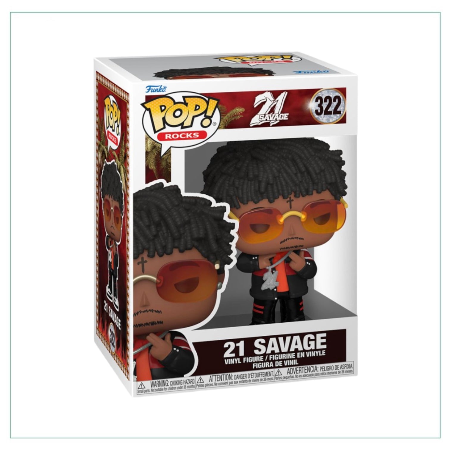 Funko Pop! figure of 21 Savage #322, featuring him in a stylish pose with a cool rock-inspired design.