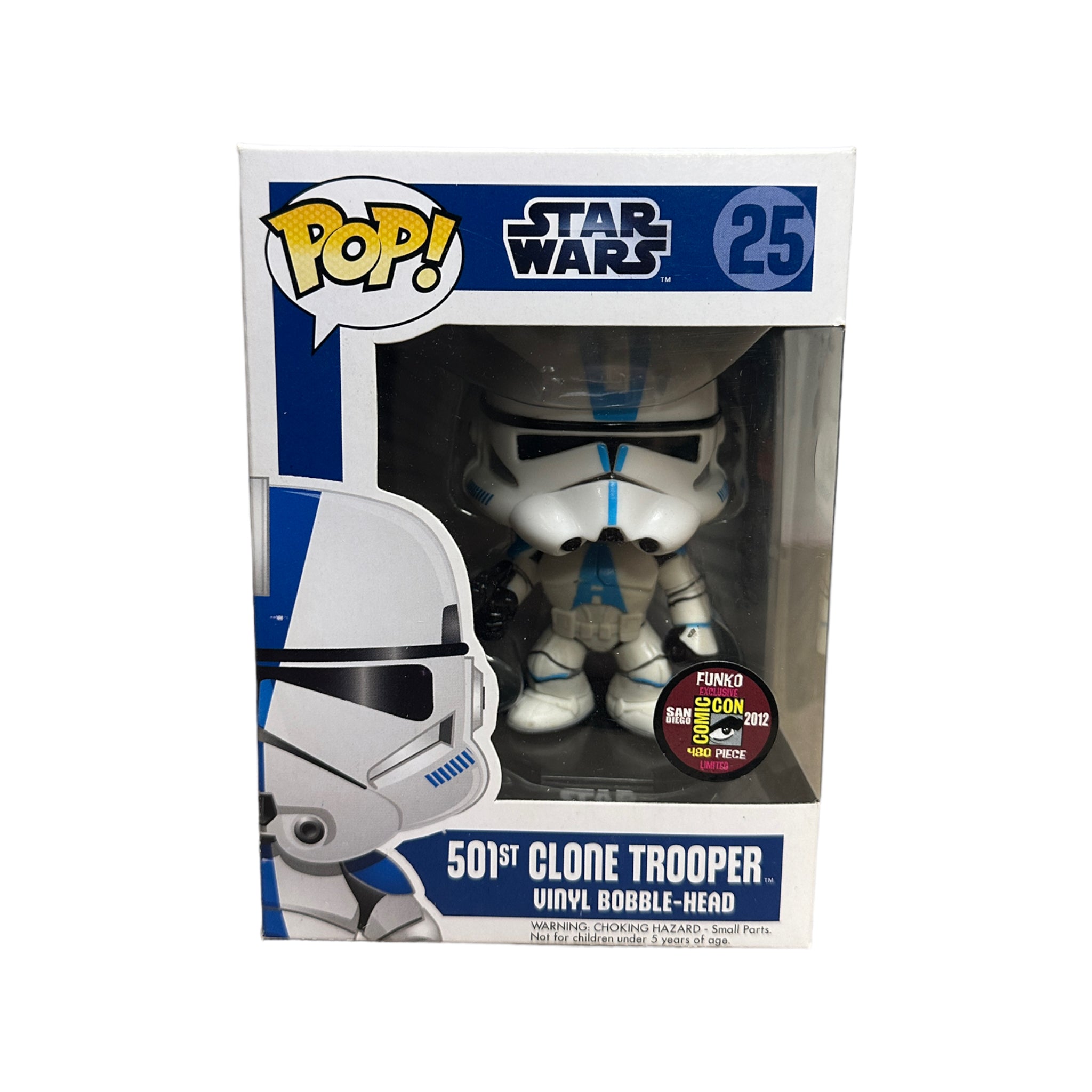 501st Clone Trooper #25 Funko Pop! from Star Wars, SDCC 2012 Exclusive, limited to 480 pieces, condition rated 6/10.