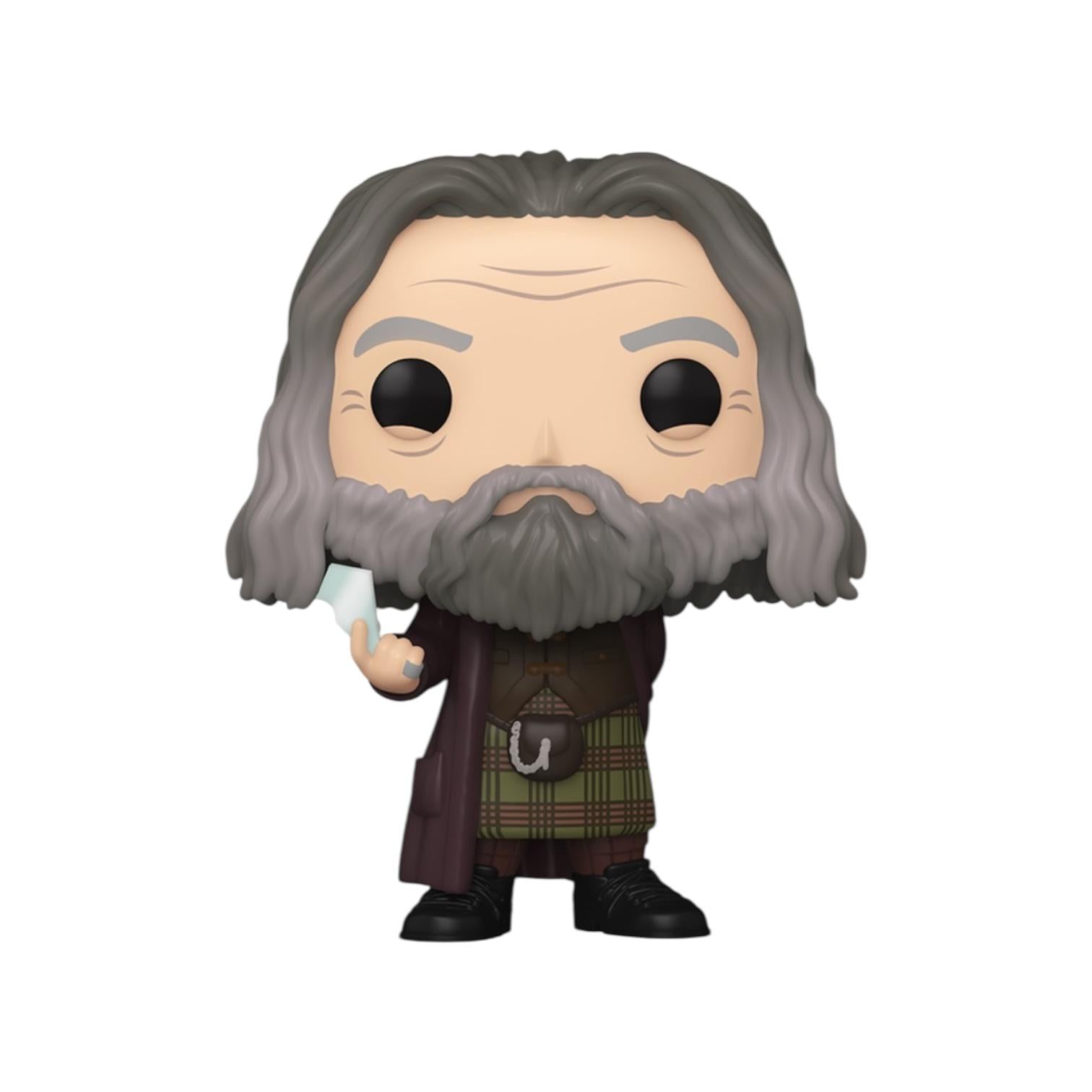 Funko Pop! vinyl figure of a character with long gray hair and beard, wearing a coat and tartan kilt, holding a staff on a white background.