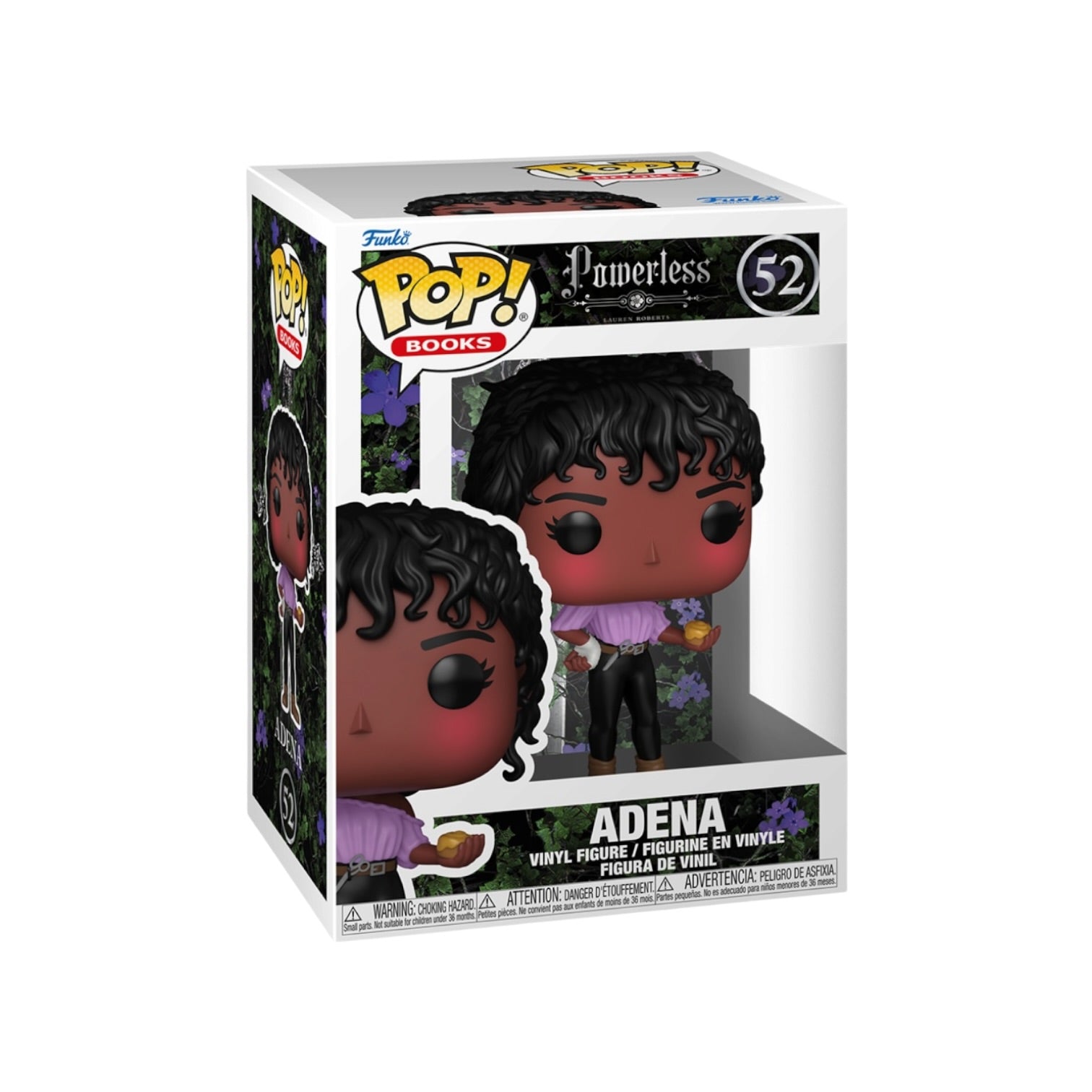 Funko Pop! Books vinyl figure of Adena from Powerless, number 52 in the series, shown in its original window box packaging against a white background.