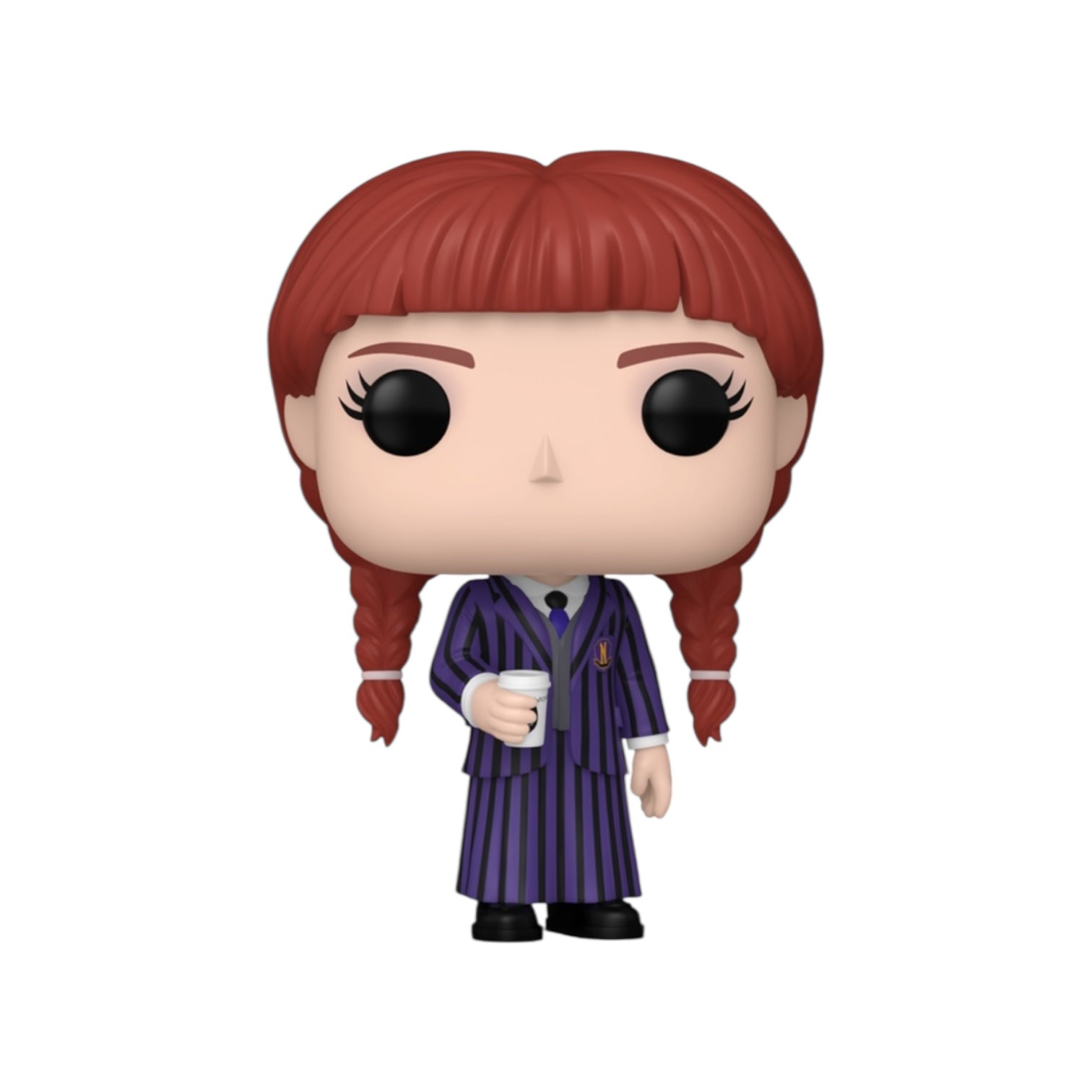 Agnes Demille in a purple stripe dress out of packaging on white background