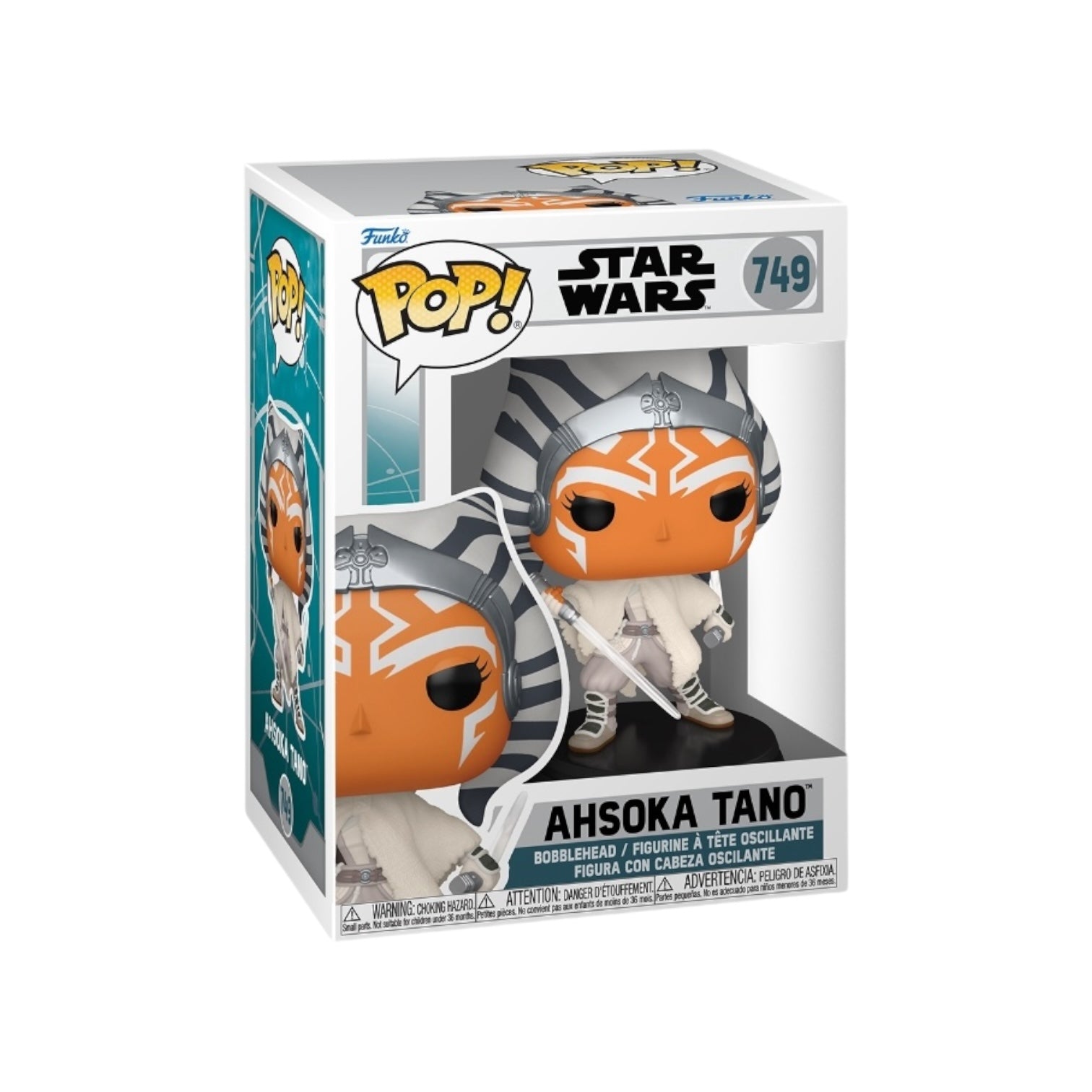 Ahsoka Tano Star Wars Funko Pop 749
wearing he iconic white suit holding a white light saber in the right hand