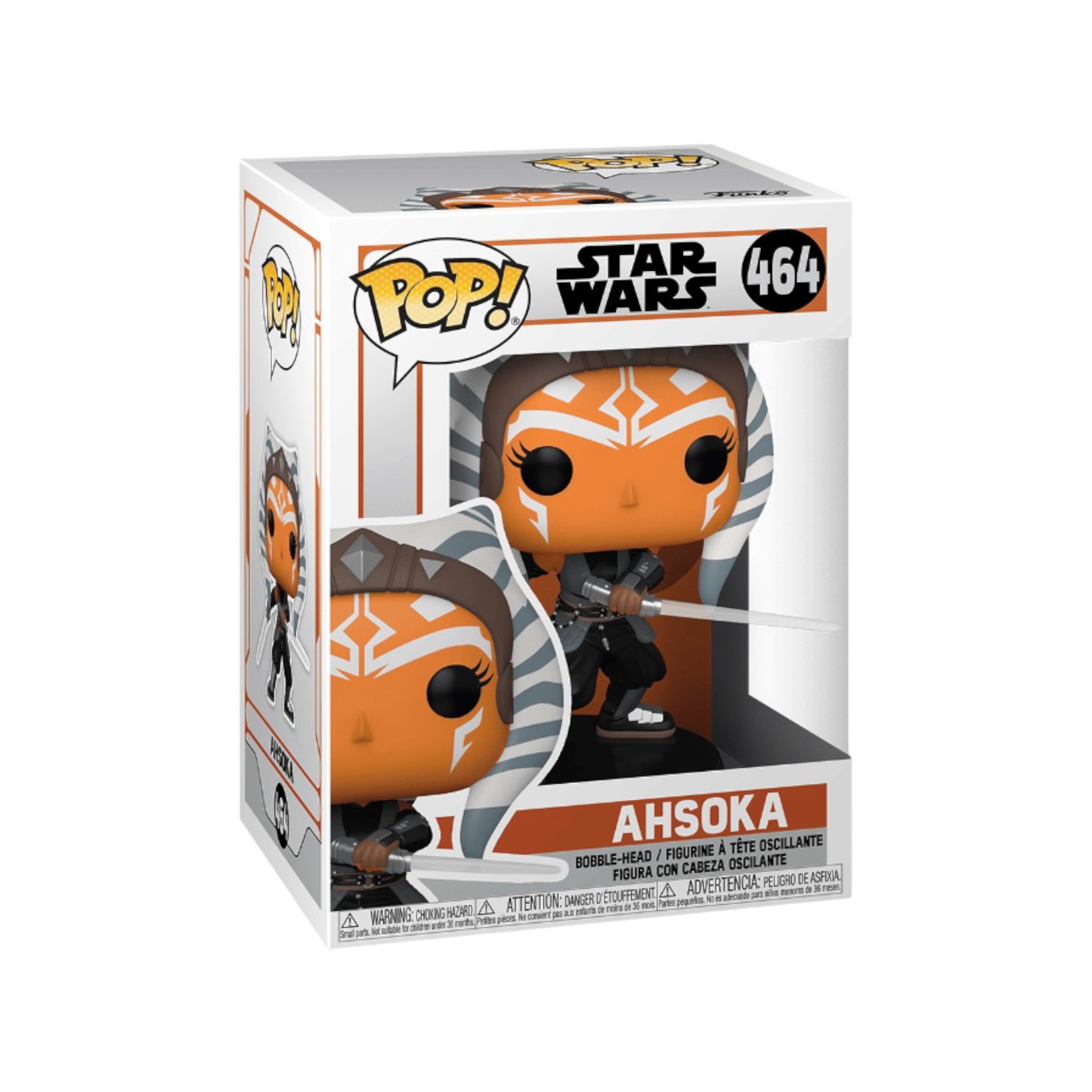 Ahsoka #464 Funko Pop! figure, inspired by Star Wars: The Mandalorian, highlighting her unique style and lightsabers in a fun way.