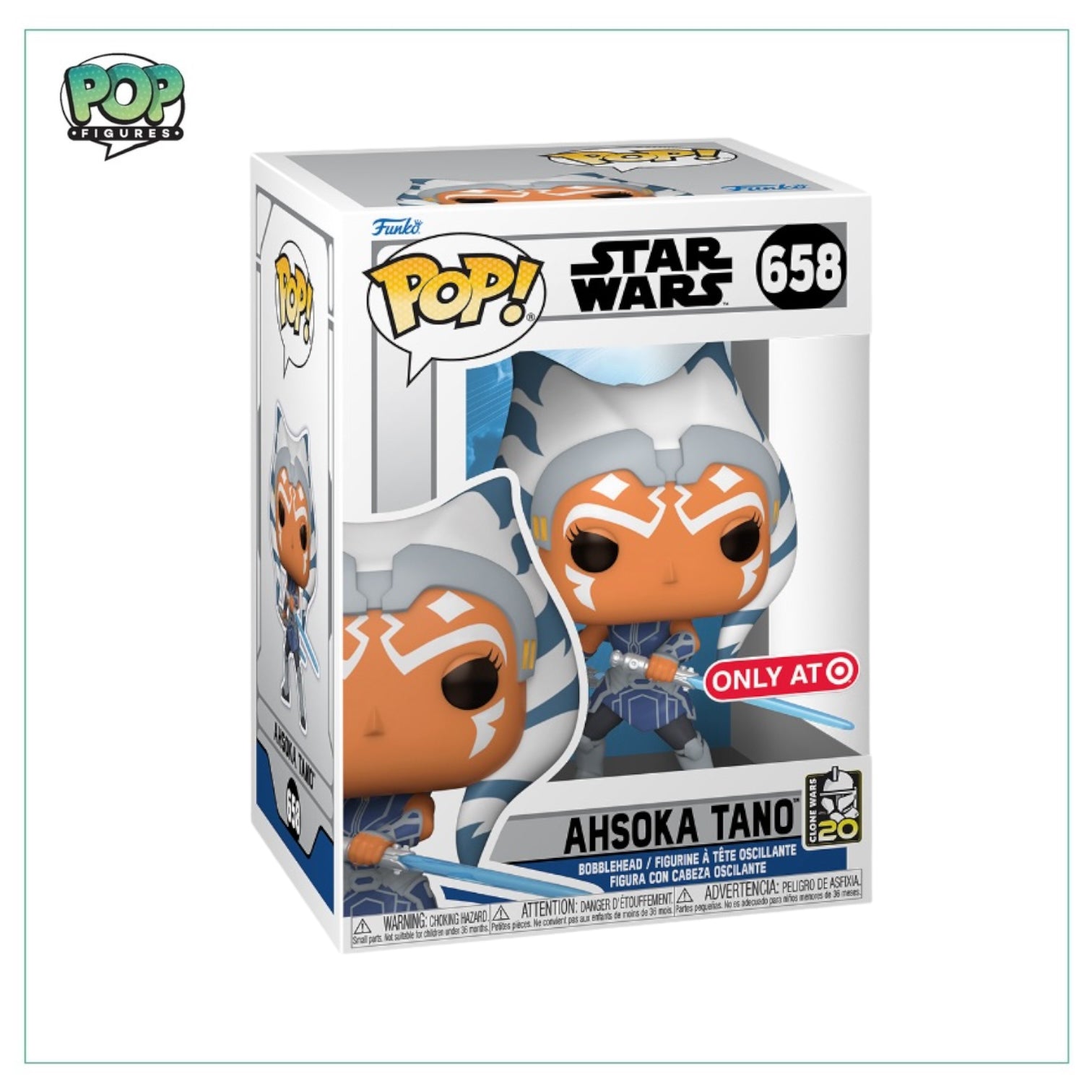 Target exclusive Ahsoka #658 Funko Pop from Star Wars, featuring her distinctive outfit and expressive pose.