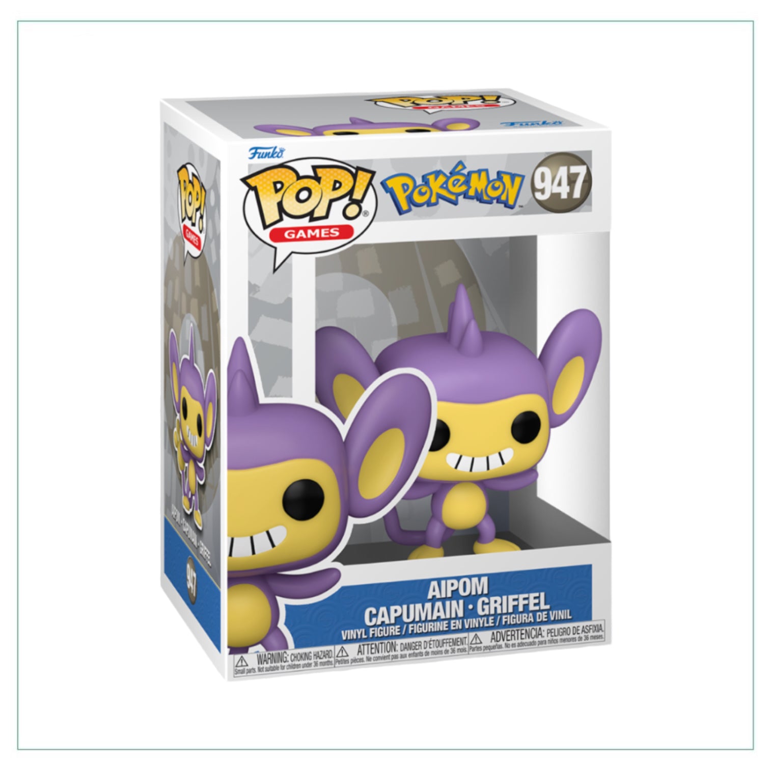 Aipom #947 Funko Pop! figure, featuring a purple monkey with a long tail and a playful expression, stands on a display base.
