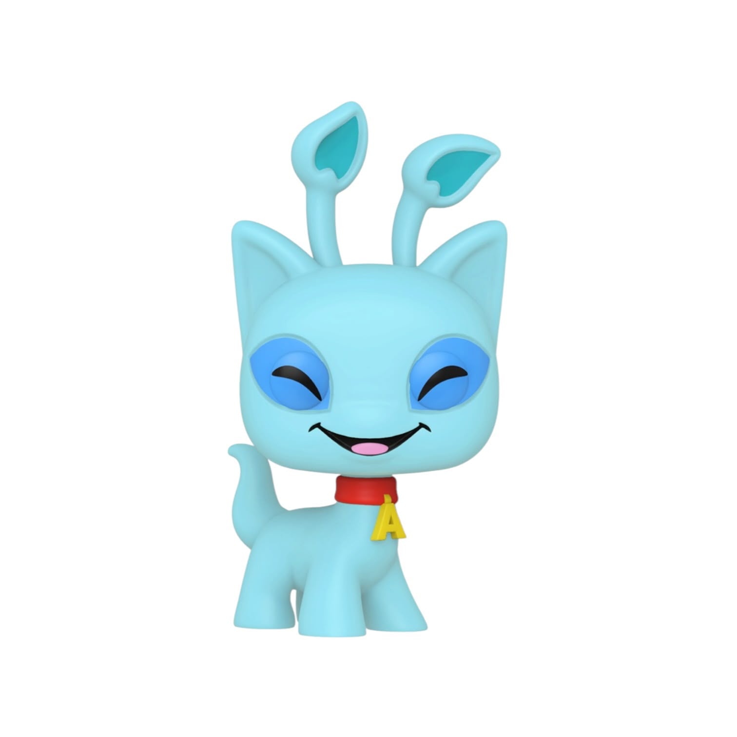Blue cartoon-like figurine with a red collar and yellow tag on a white background