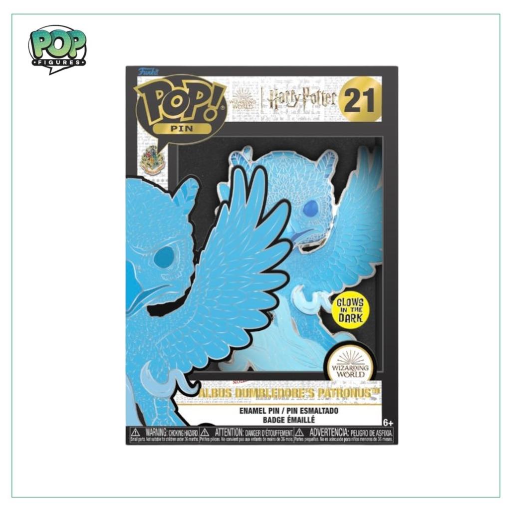 Albus Dumbledore's Patronus enamel pin featuring a glow-in-the-dark design, inspired by the Harry Potter series.
