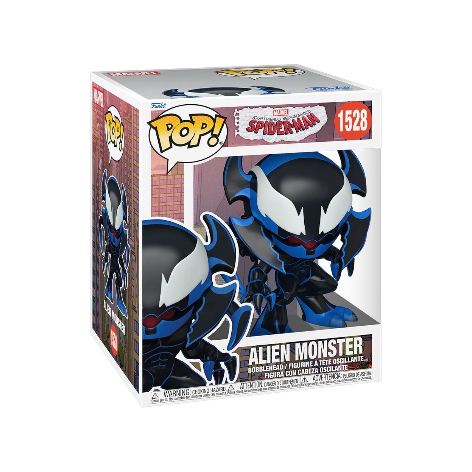 Alien Monster 1528 Funko pop ' Deluxe pop Black alien monster with large white eyes and blue detail -n another great character from Spider-man