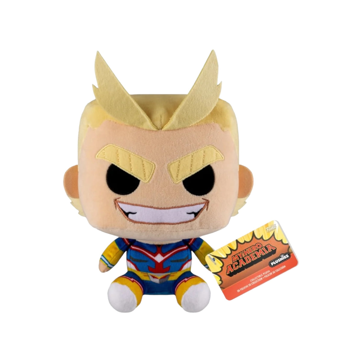 A Funko plush toy of All Might from My Hero Academia, featuring his iconic hero costume and cheerful expression.