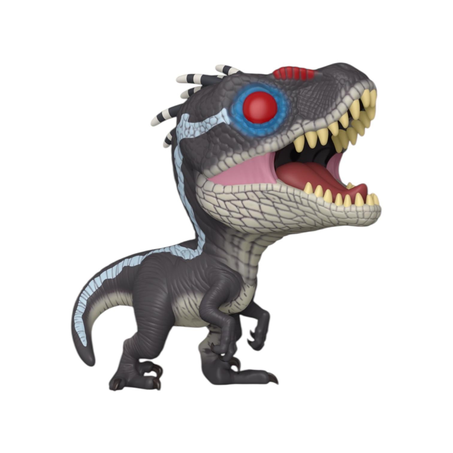 Toy dinosaur figure with a red eye and open mouth on a white background