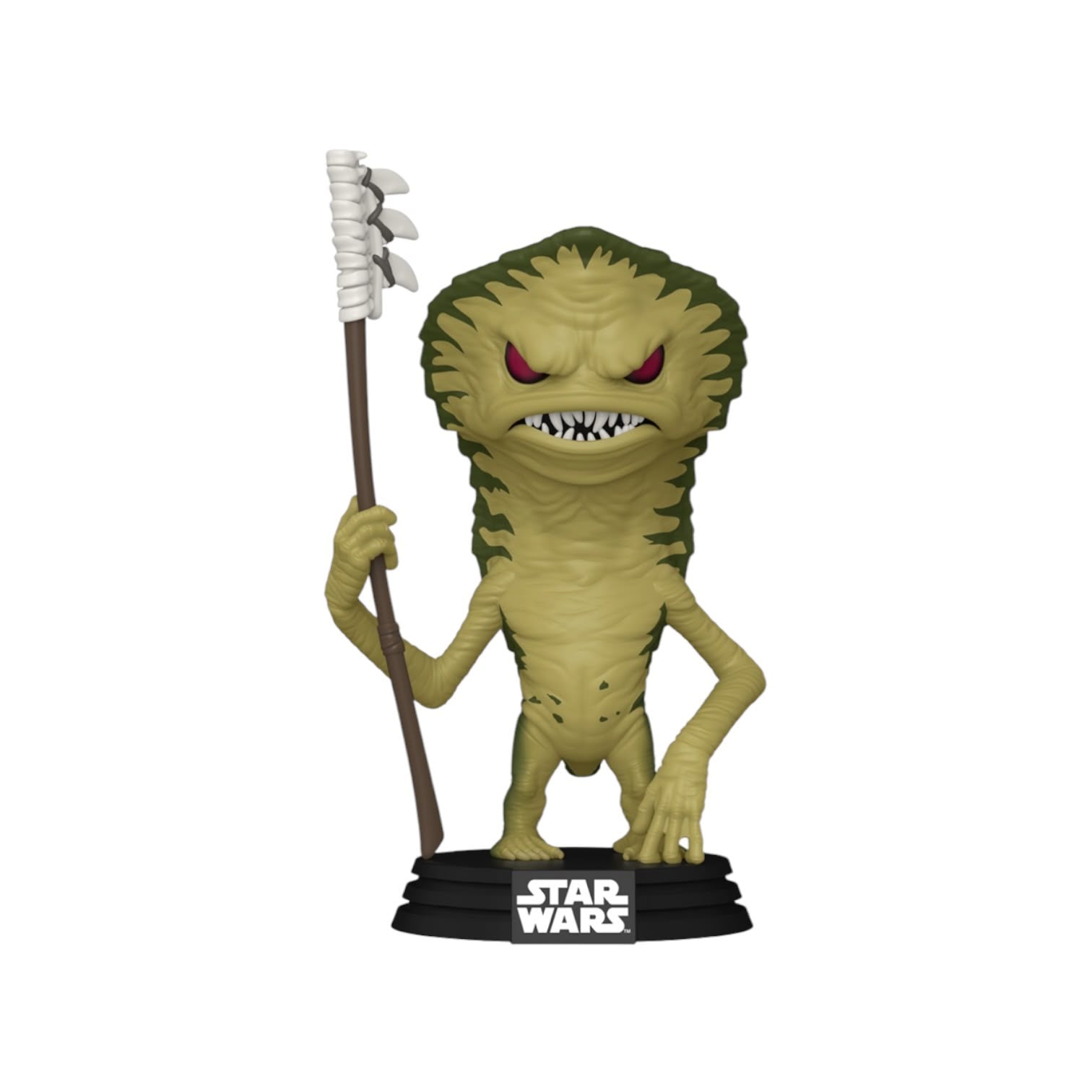 A Star Wars Funko Pop! vinyl figure of a green desert creature holding a staff, standing on a black base with the Star Wars logo, against a plain white background.