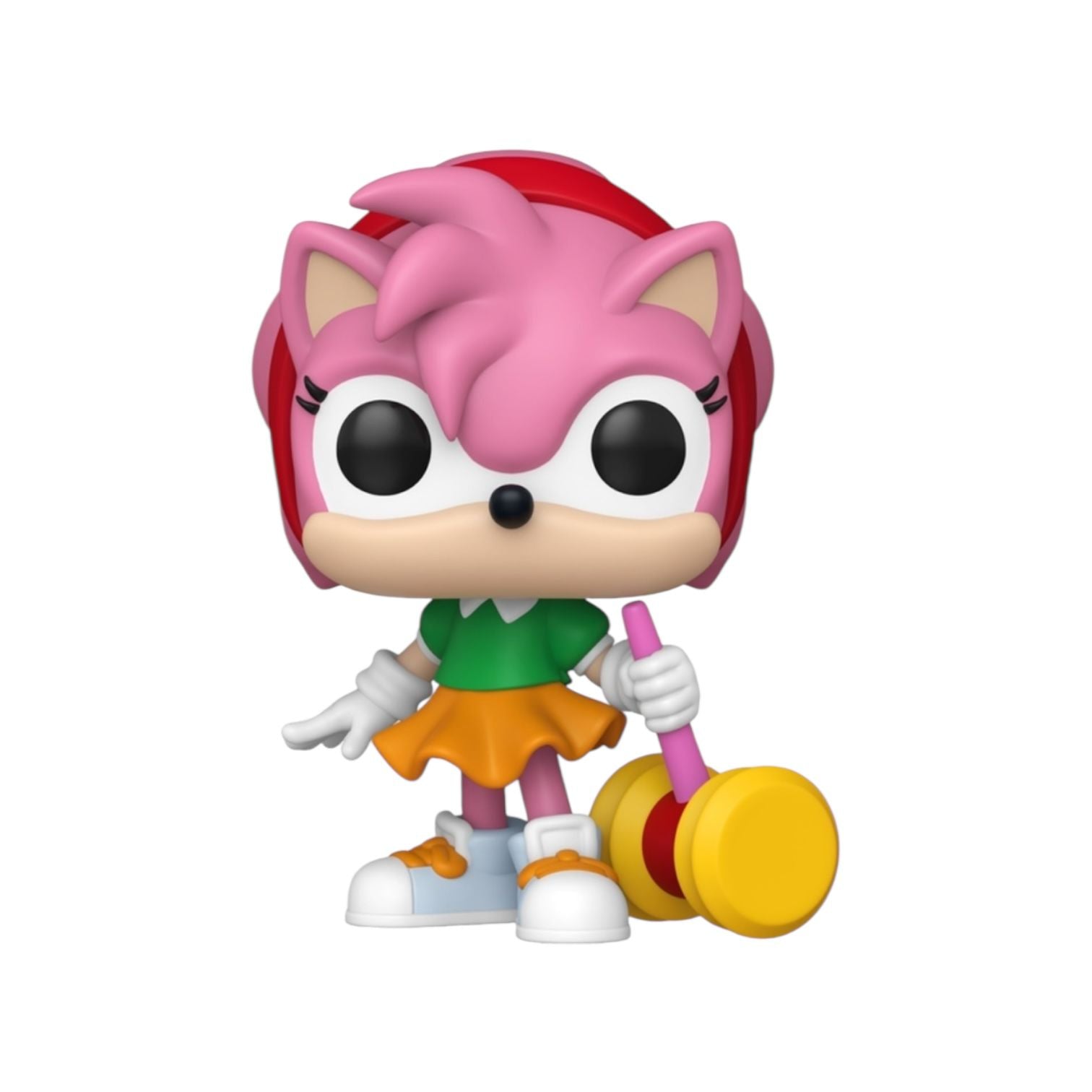 Colorful figurine of a character with pink hair and a green dress on a white background