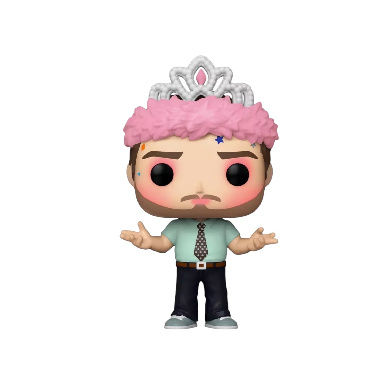 Andy dressed in a dress shirt, black trousers and spotty tie wearing Princess make up and a pink fluffy tiara.