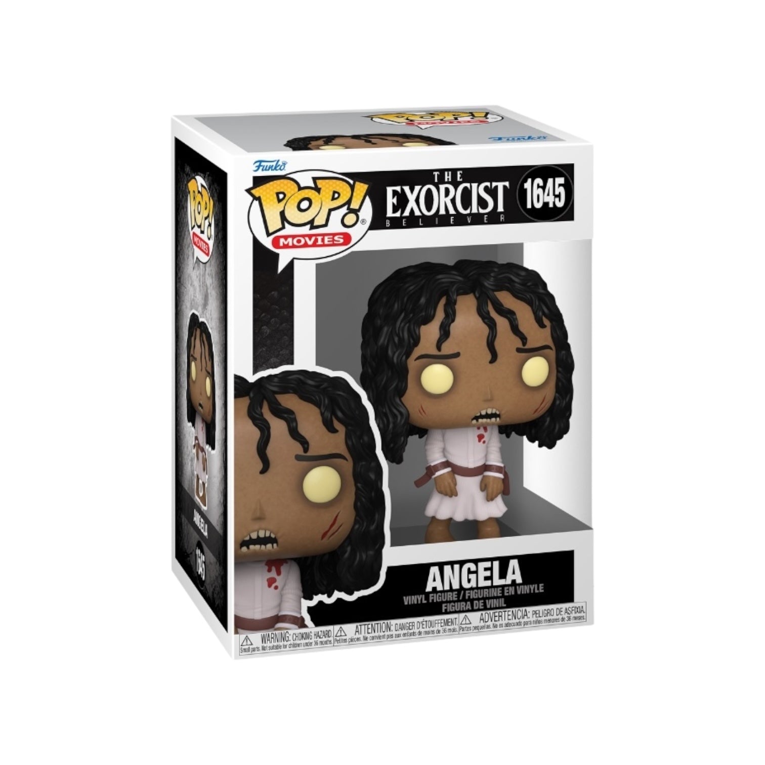 Angela #1645 Funko Pop! figure from The Exorcist Believer, featuring her iconic look with detailed facial expression and attire.