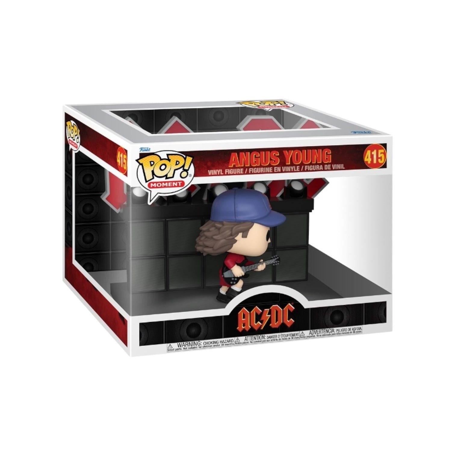 Angus Young dancing energetically on stage, captured in a Funko Moment Pop! figure, celebrating AC/DC's iconic performance.