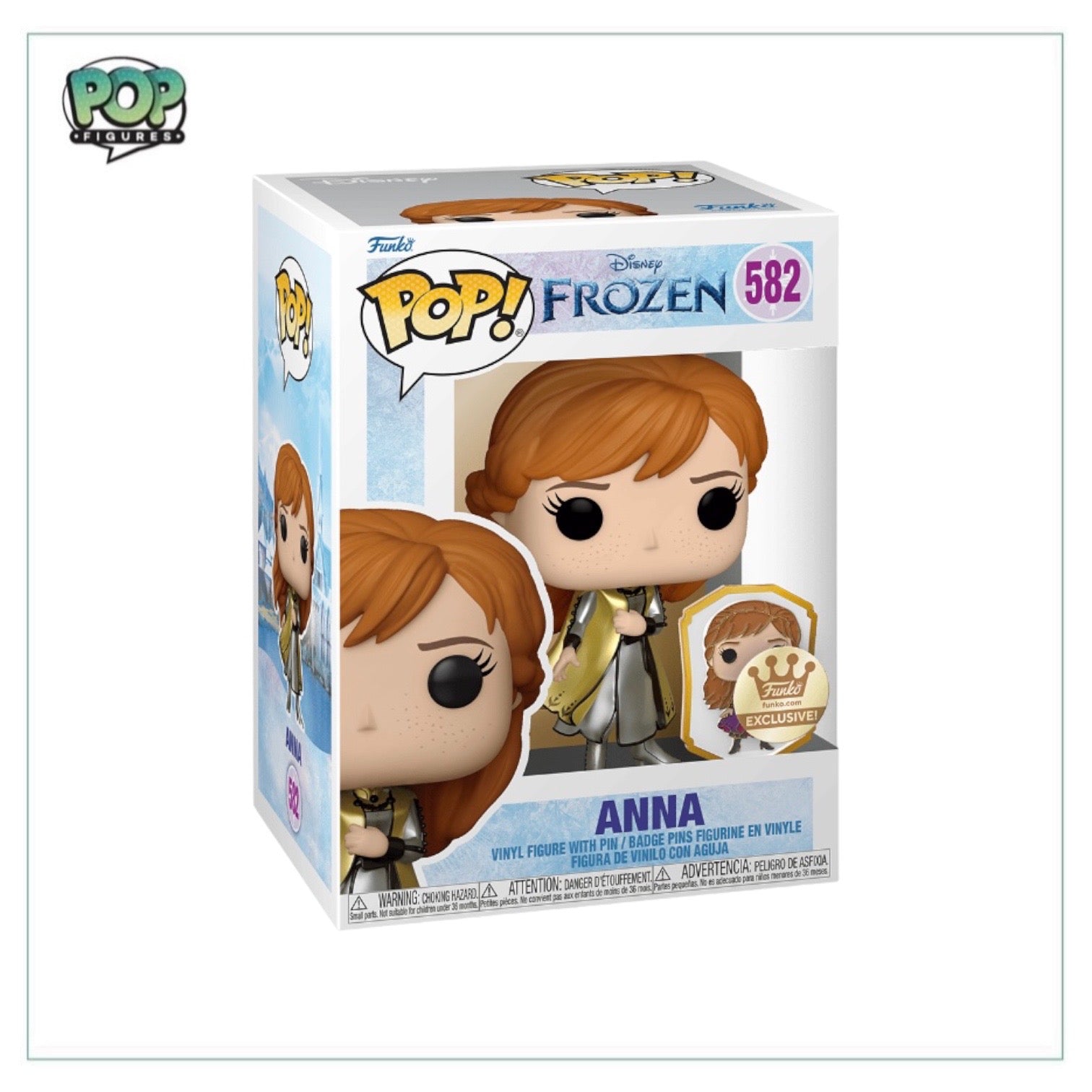 Funko Pop! figure of Anna from Frozen, dressed in her signature outfit, labeled as a Funko Shop Exclusive.