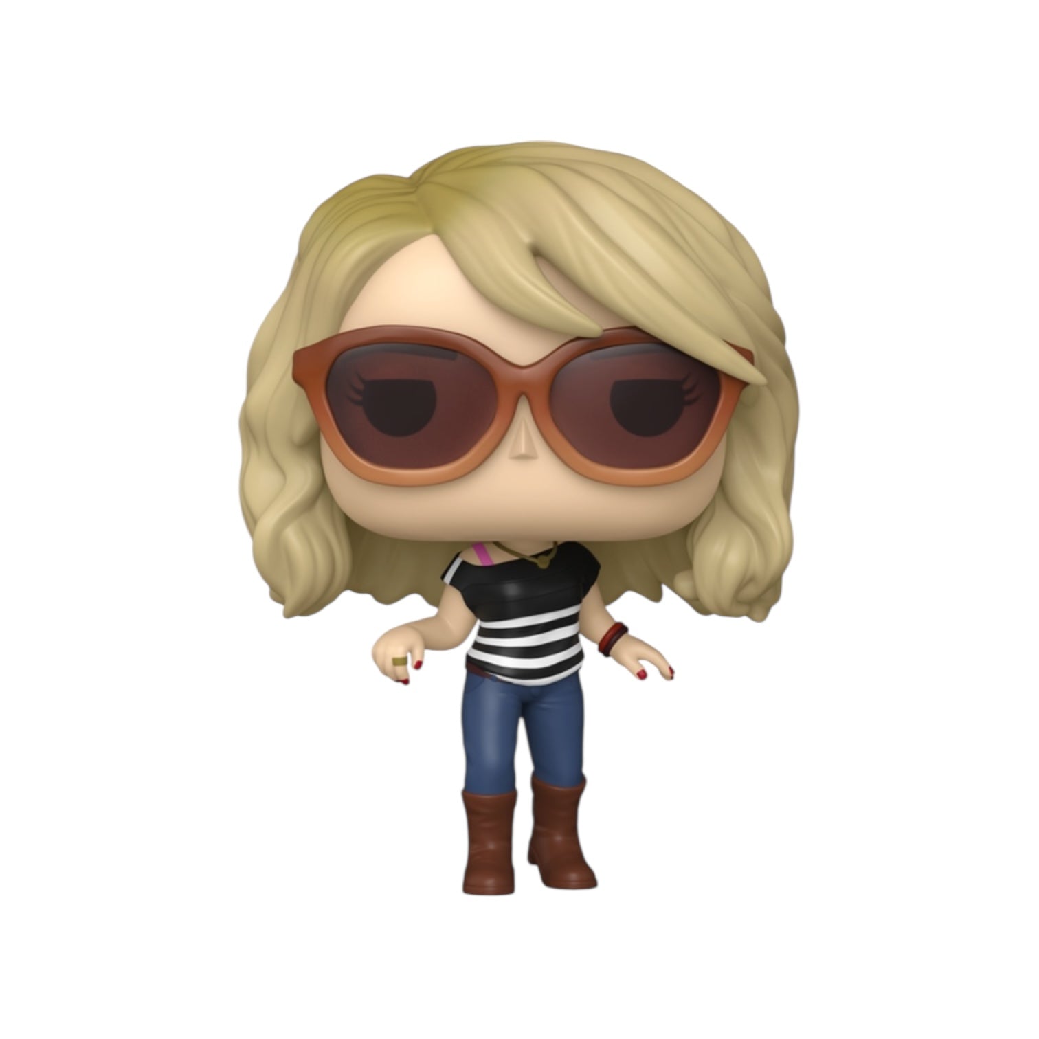 Funko Pop! vinyl figure with blonde hair, sunglasses, striped shirt, and jeans on a white background