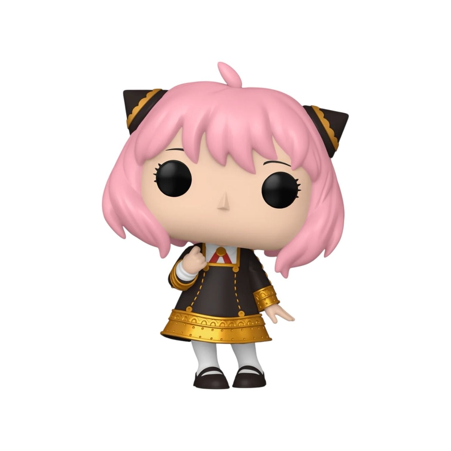 Anya Forger 1949 Funko pop : with pink baby pink hair, wearing and black dress with godl detail around the hem and sleeves
