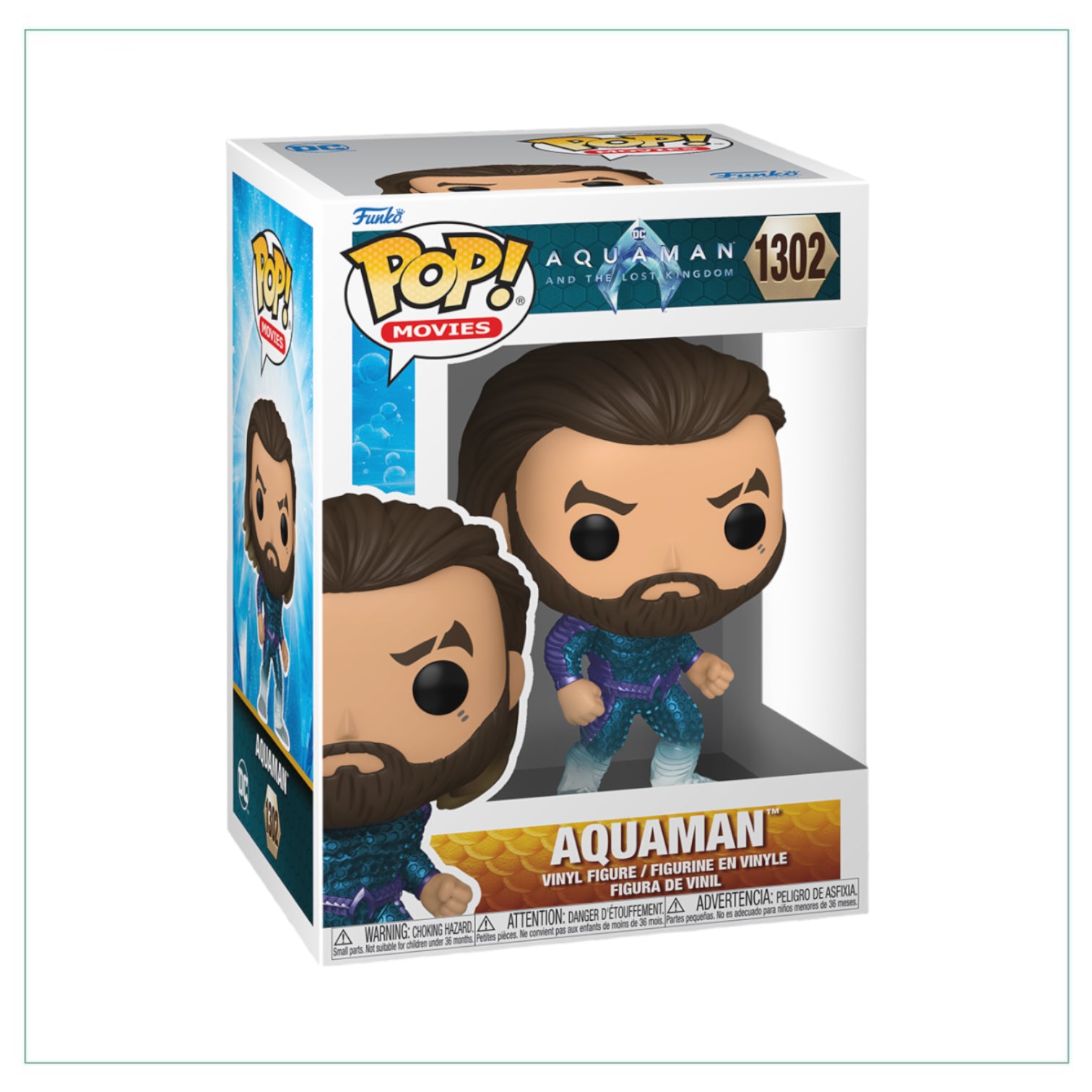 Aquaman #1302 Funko Pop! figure featuring Aquaman from Aquaman & The Lost Kingdom, designed with bright colors and cool details.