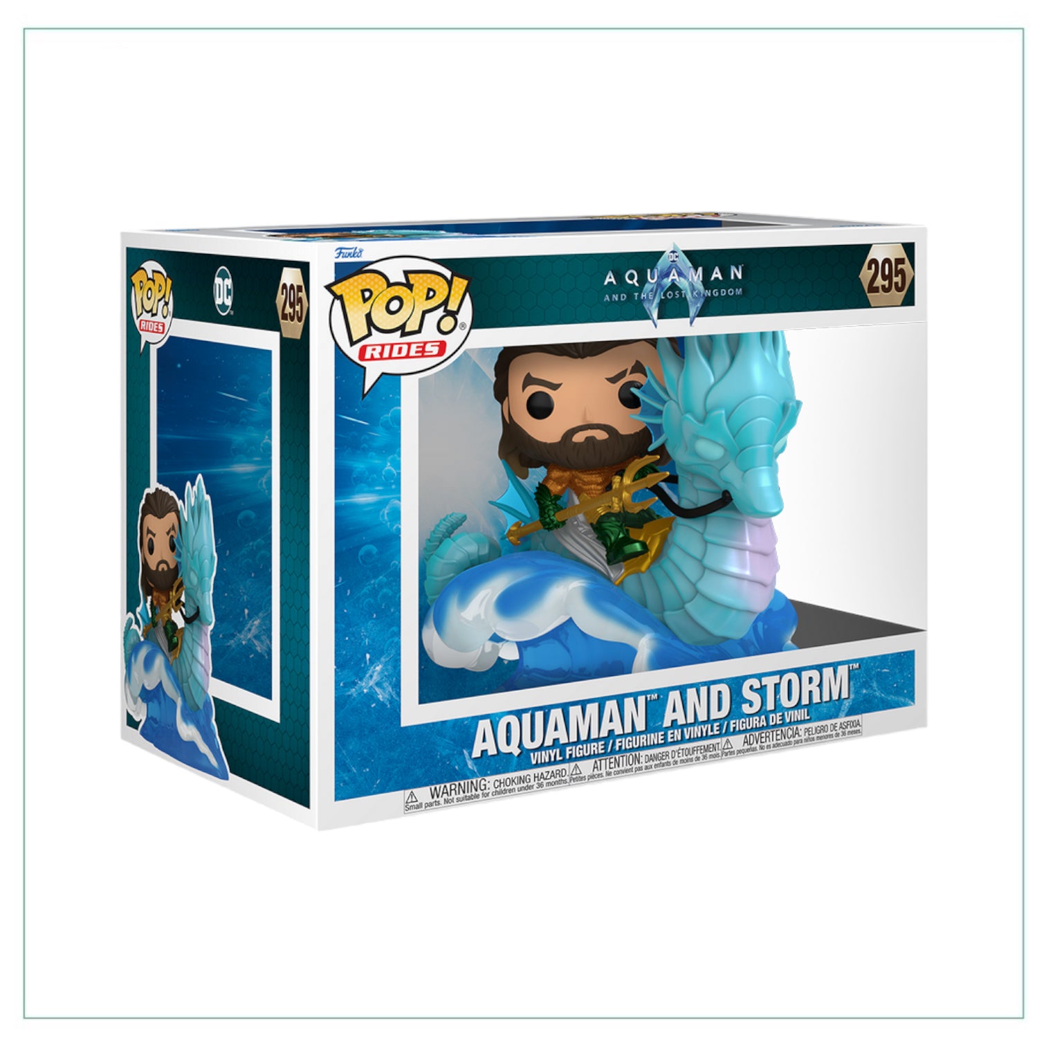 Aquaman and Storm Funko Pop! Rides #295, depicting the characters in an action-packed scene from Aquaman & The Lost Kingdom.