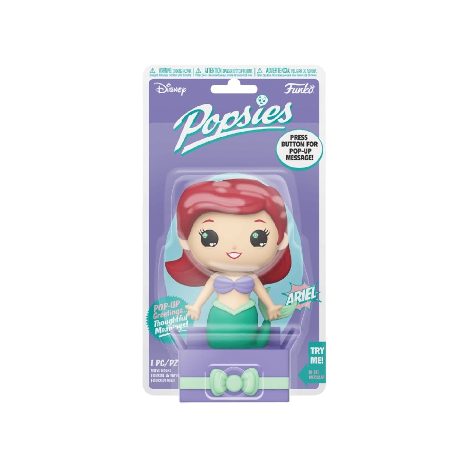 Funko Popsies figure of Ariel, the Disney Princess, featuring her iconic red hair and green tail in a cute, stylized design.