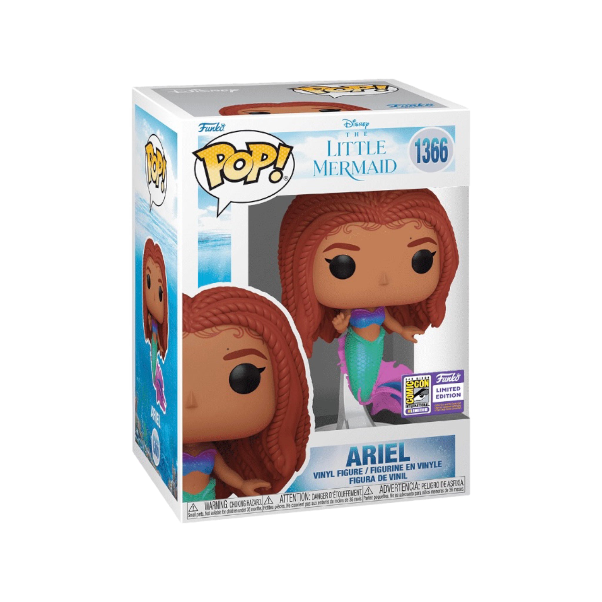 Funko Pop! figure of Ariel from The Little Mermaid, exclusive to SDCC 2023, featuring her iconic red hair and green tail.