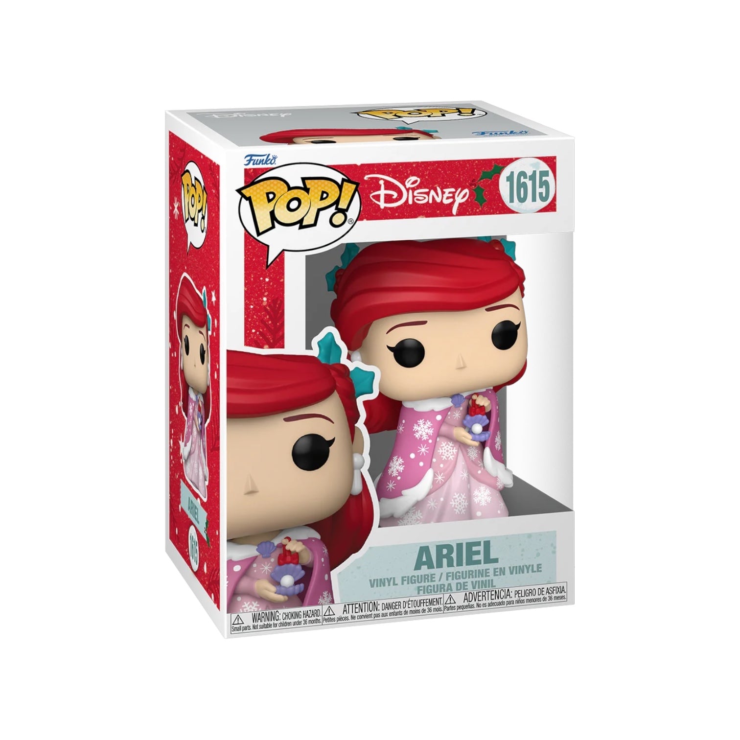 Funko Pop of Ariel in a festive holiday outfit, featuring her signature red hair and a cheerful expression.