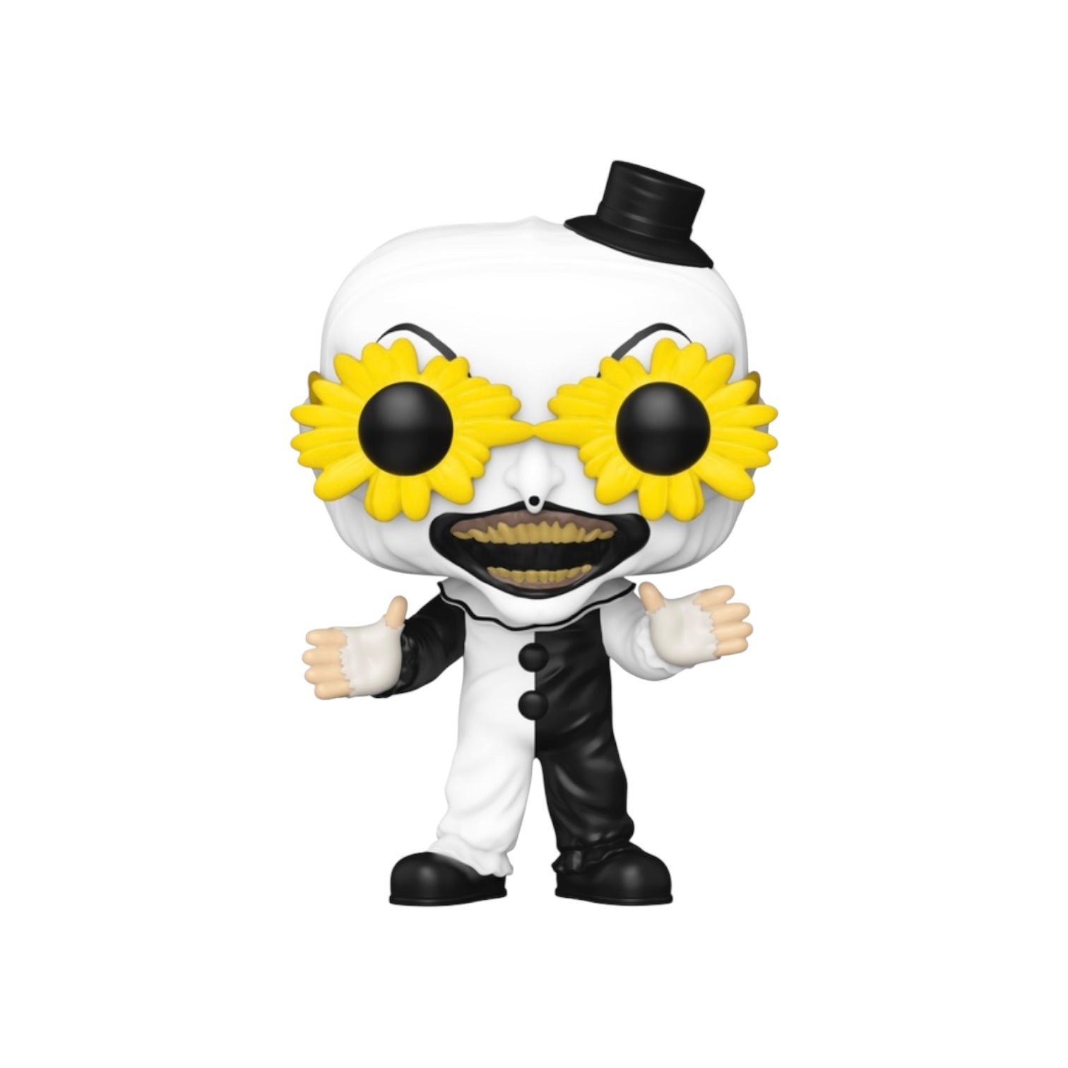 Figurine with white face, yellow sunglasses, black top hat, and black and white outfit on a white background