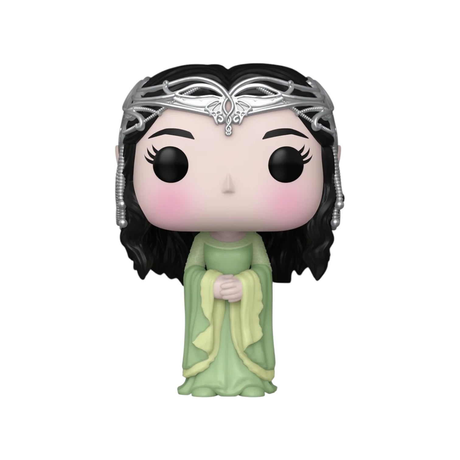 Arwen wearing a long green dress , with sliver head piece