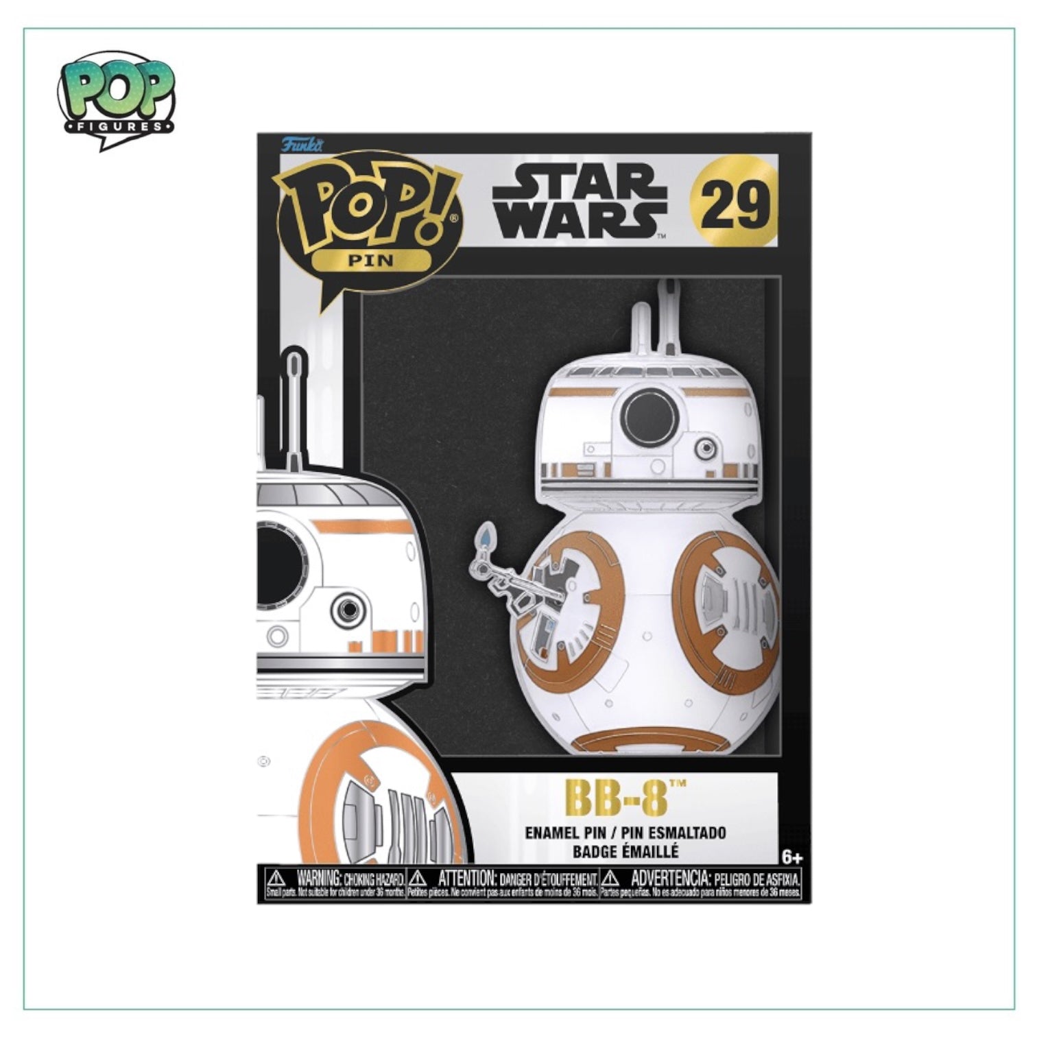 BB-8 Funko Pop Pin #29 from Star Wars, featuring a glow-in-the-dark design for added visual appeal.