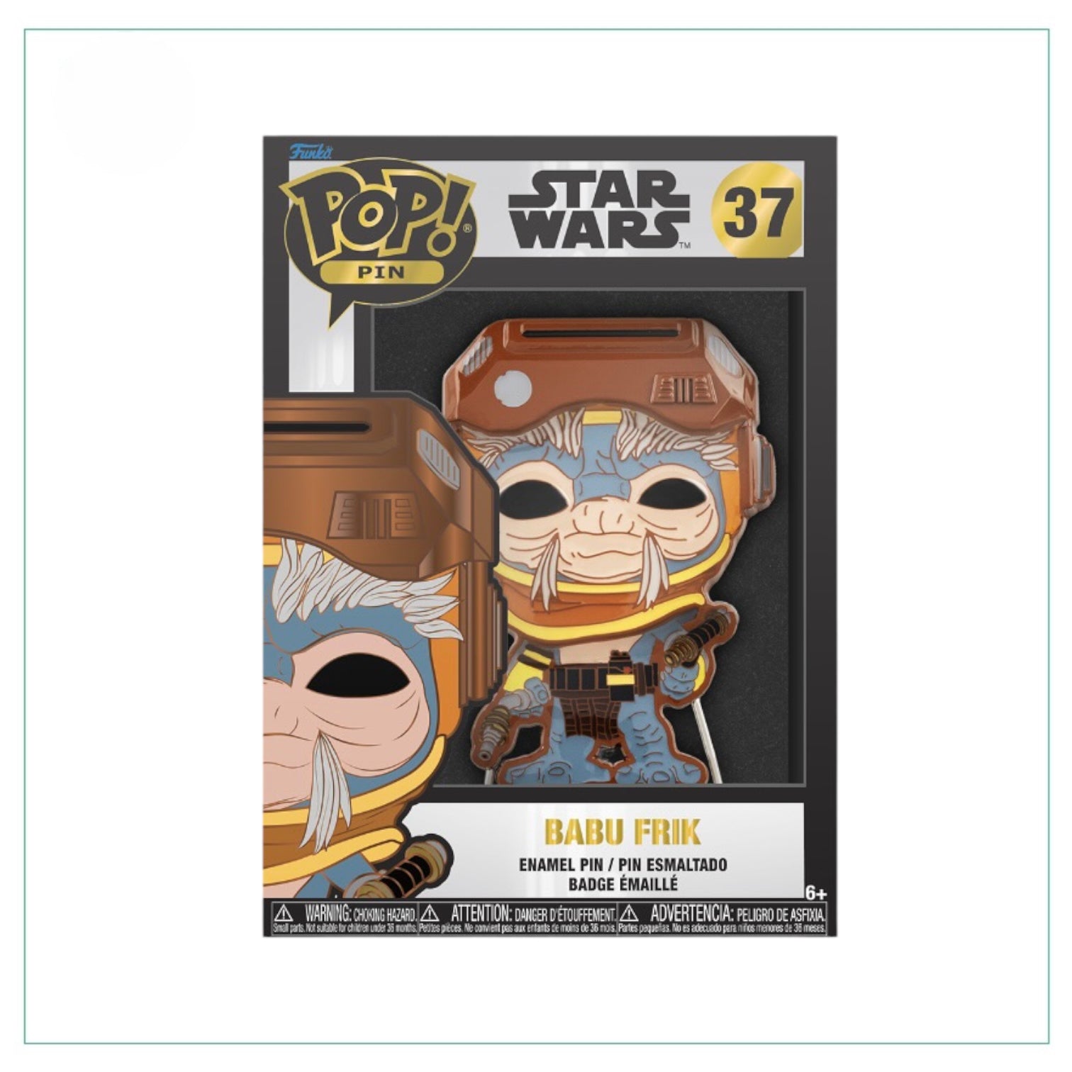 Funko Enamel Pop! Pin #37 of Babu Frik from Star Wars, showcasing the adorable alien with a cheerful smile and bright colors.