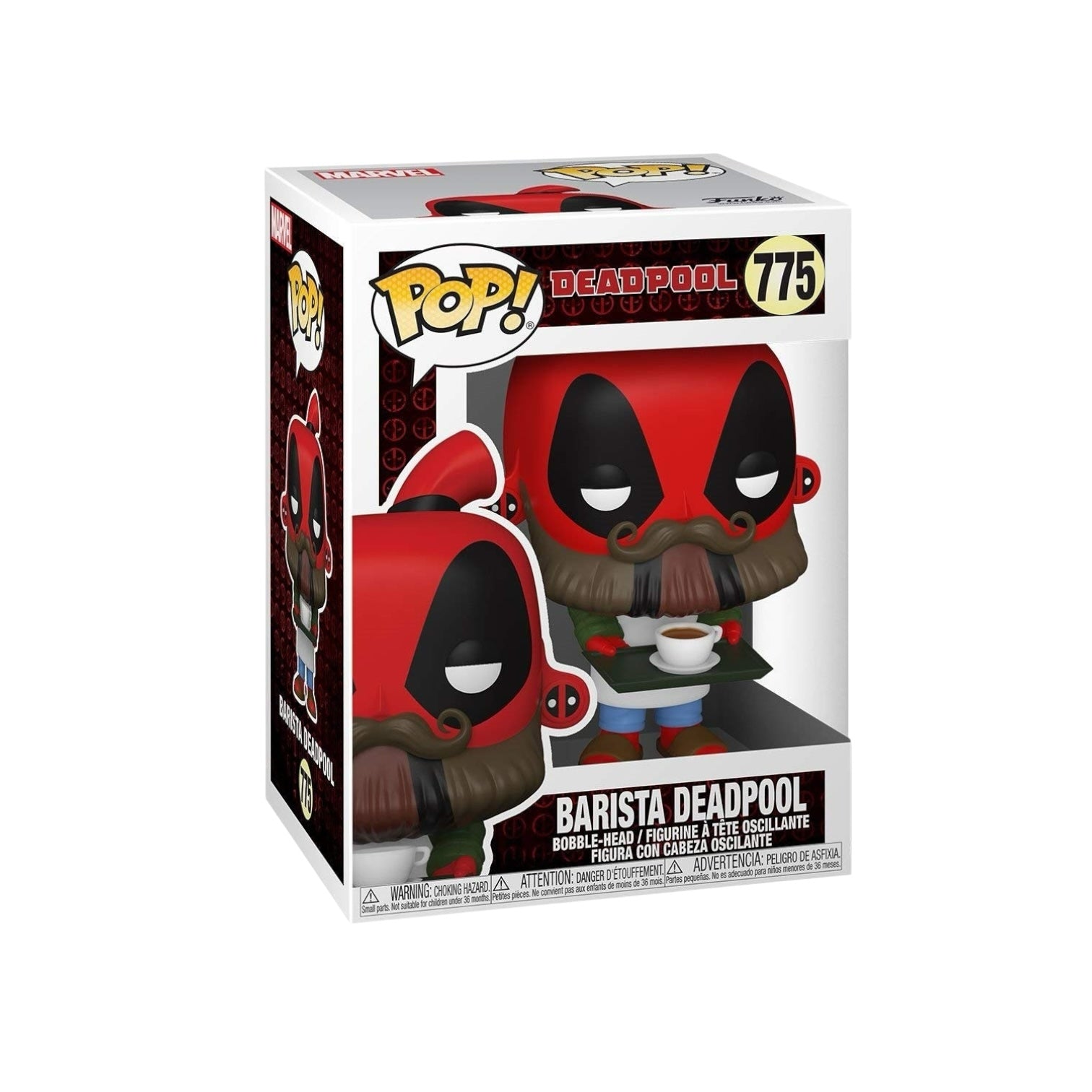 Funko Pop! figure of Deadpool as a barista, wearing an apron and holding a coffee cup, part of the Marvel collection.