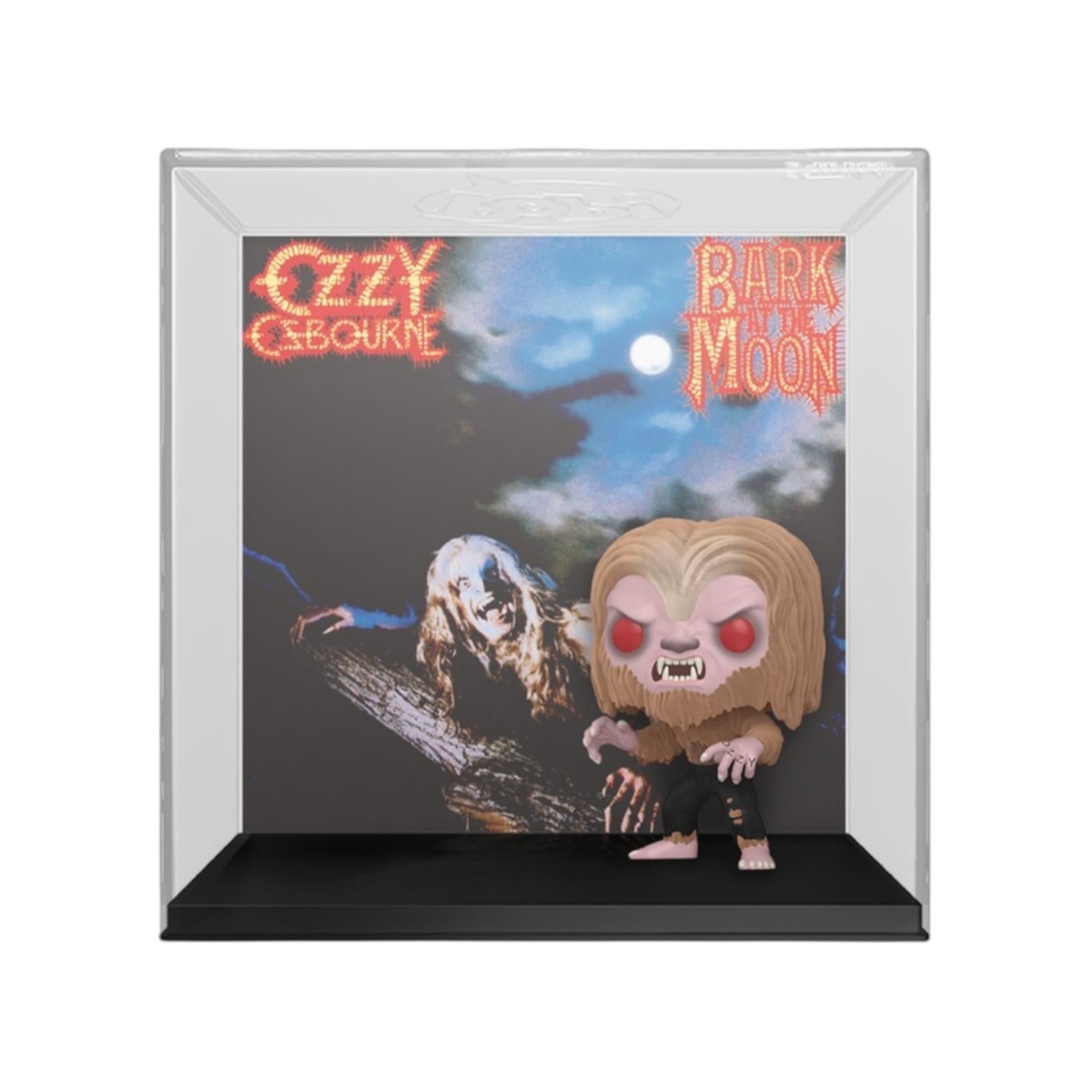 Funko Pop! Ozzy Osbourne vinyl figure in a display case with 'Bark at the Moon' album cover background.