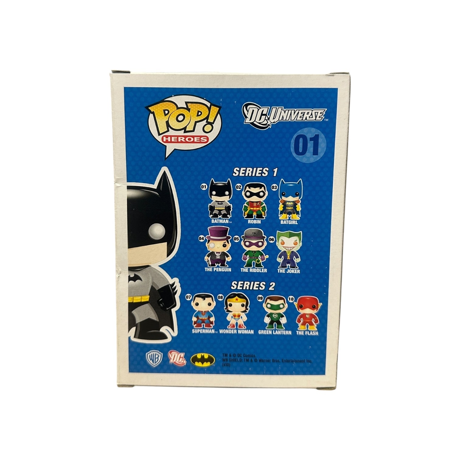 Funko Pop! Batman Heroes DC Universe packaging with character illustrations on a blue background