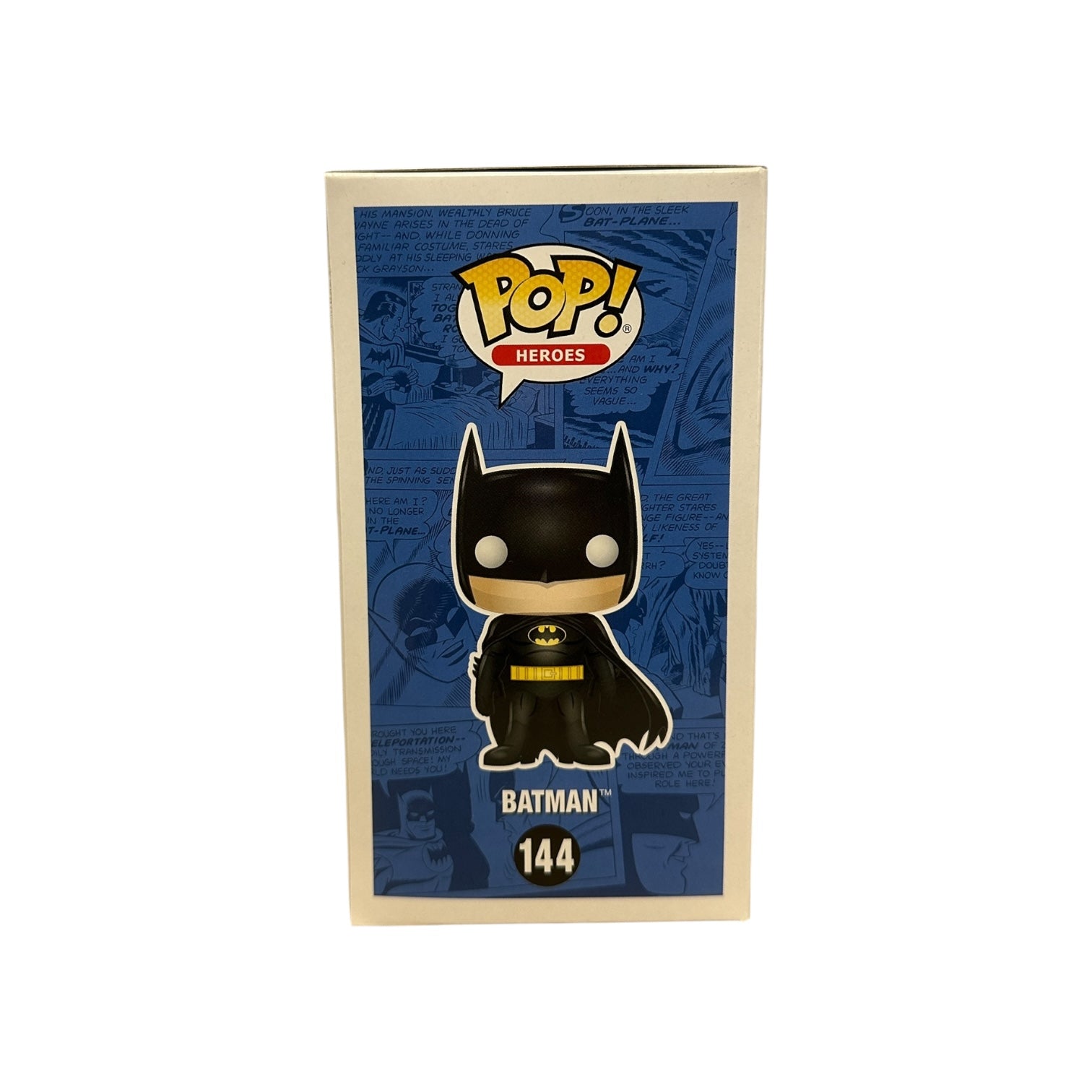 Funko Pop! Heroes Batman figure packaging on a blue background
