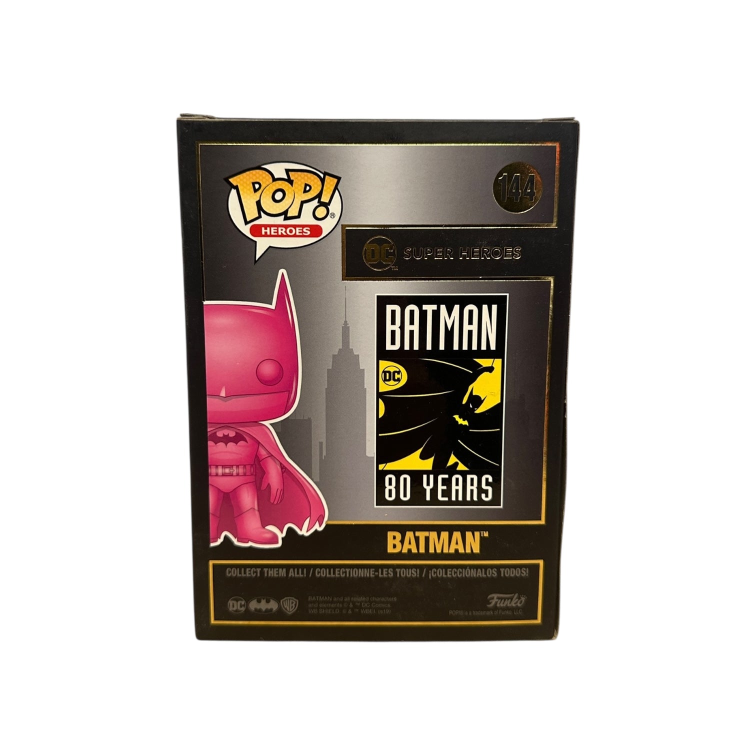 Funko Pop! Heroes packaging for Batman with 80 Years celebration on a white background