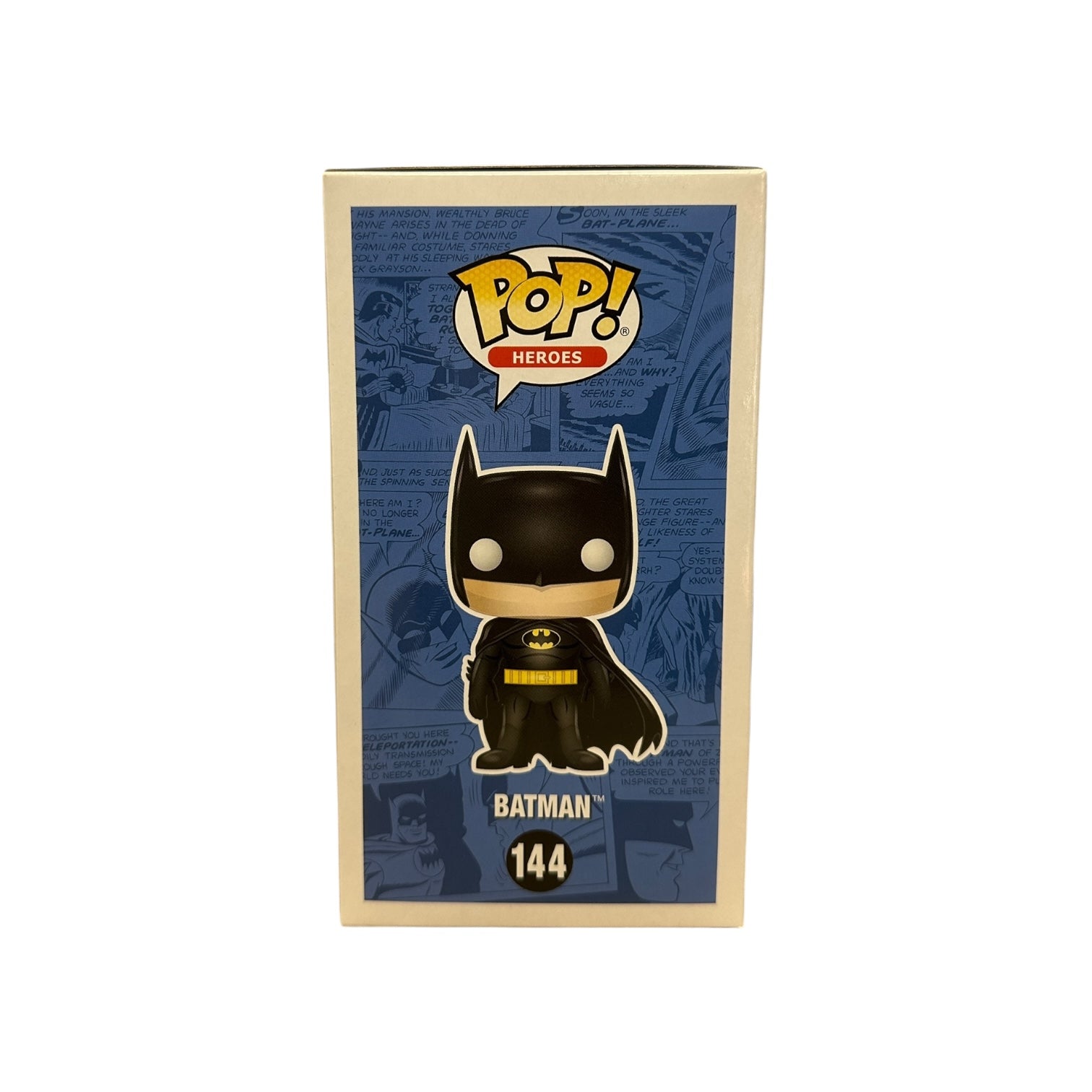 Funko Pop! Batman figure in packaging with blue background and 'Pop! Heroes' logo.