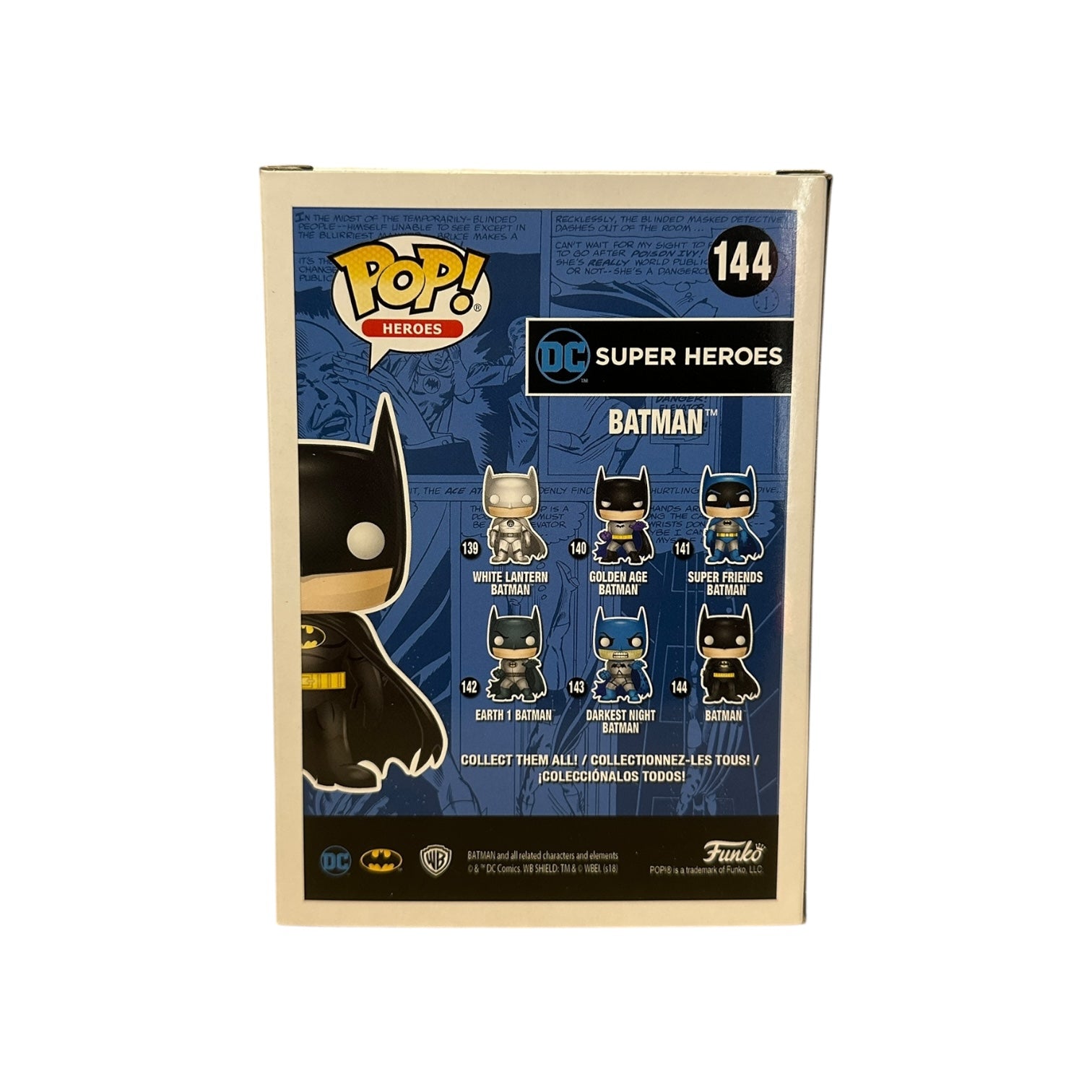 Funko Pop! Batman figure packaging with DC Super Heroes branding on a white background
