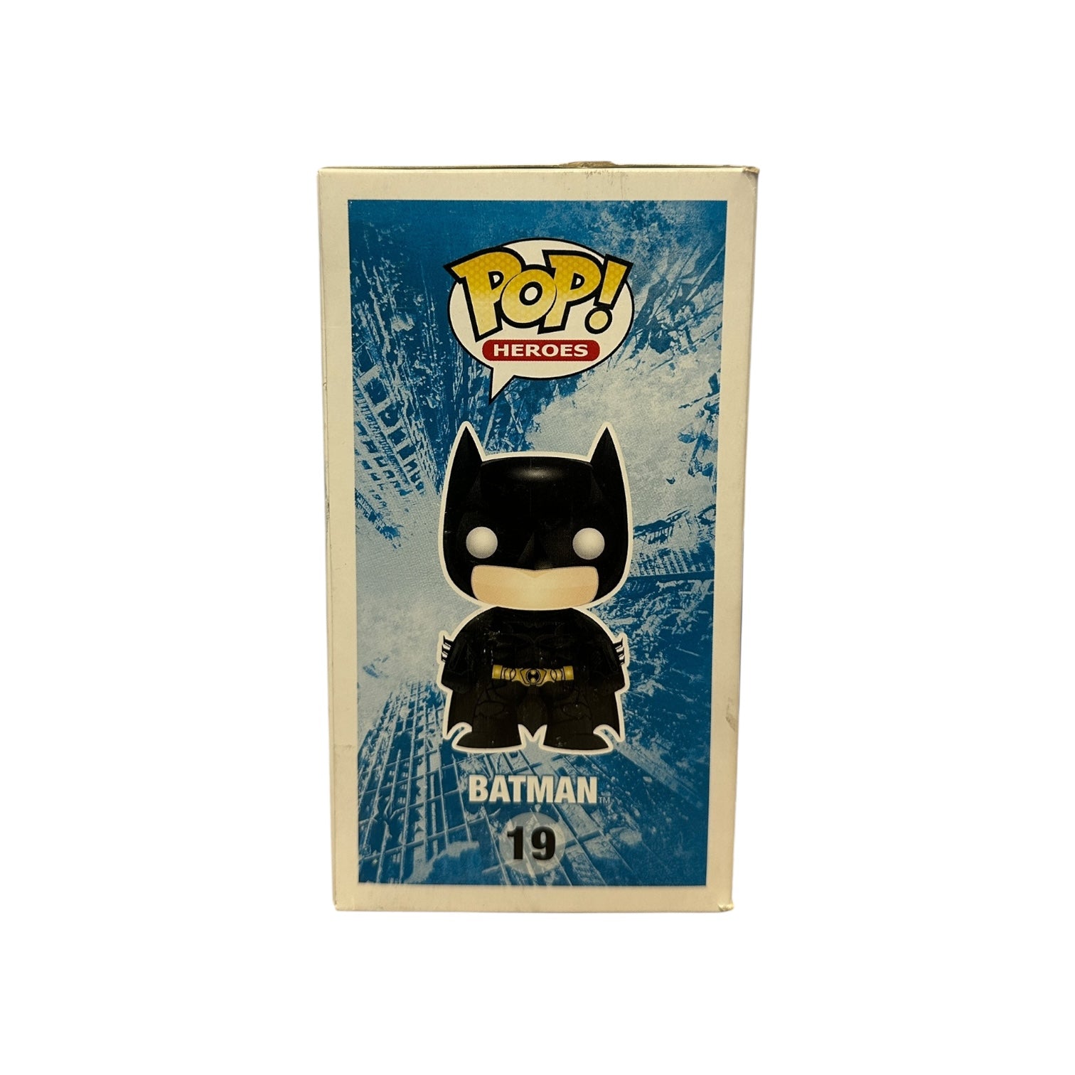 Funko Pop! Heroes Batman figure packaging with blue and beige design