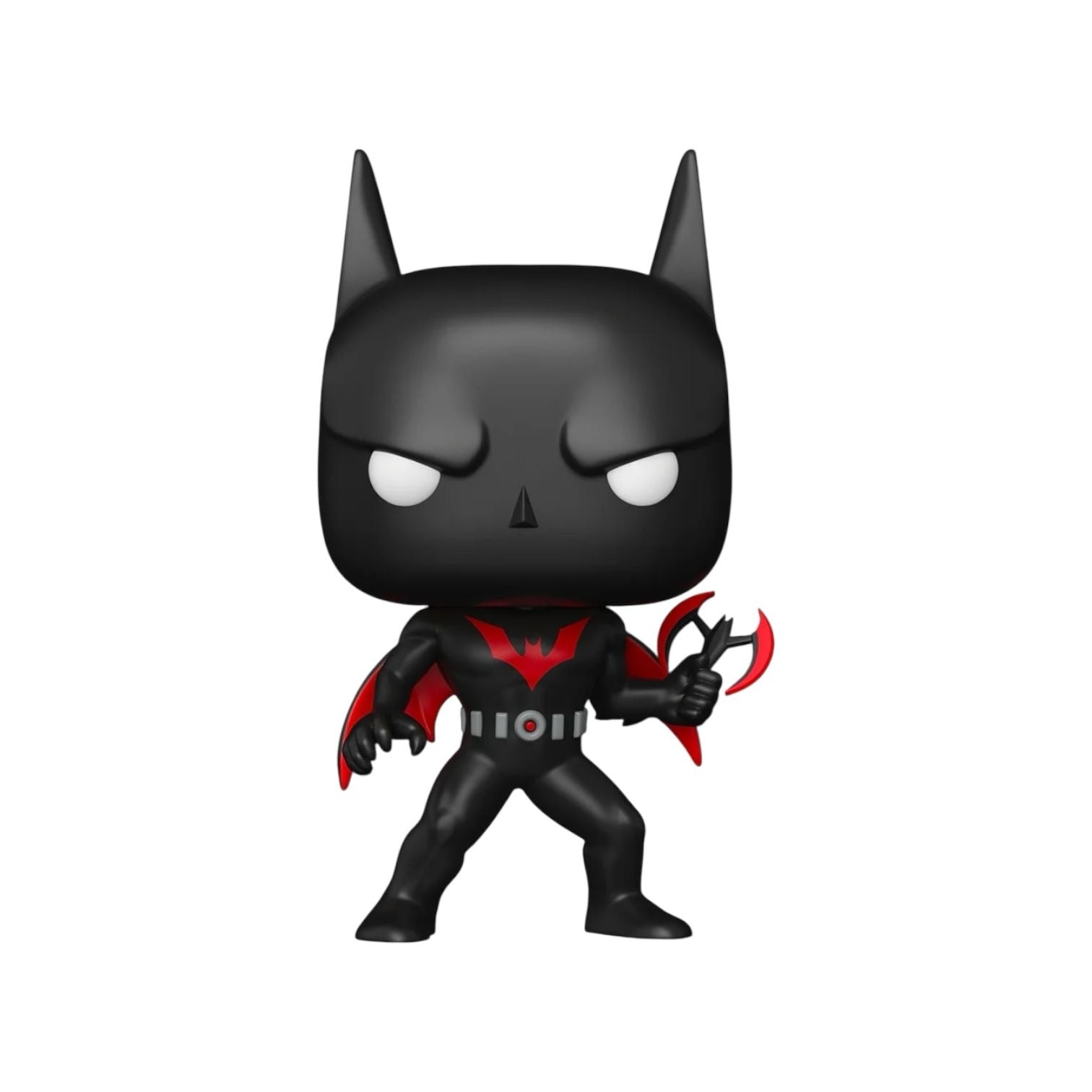 Black and red superhero figurine with bat-like ears on a white background