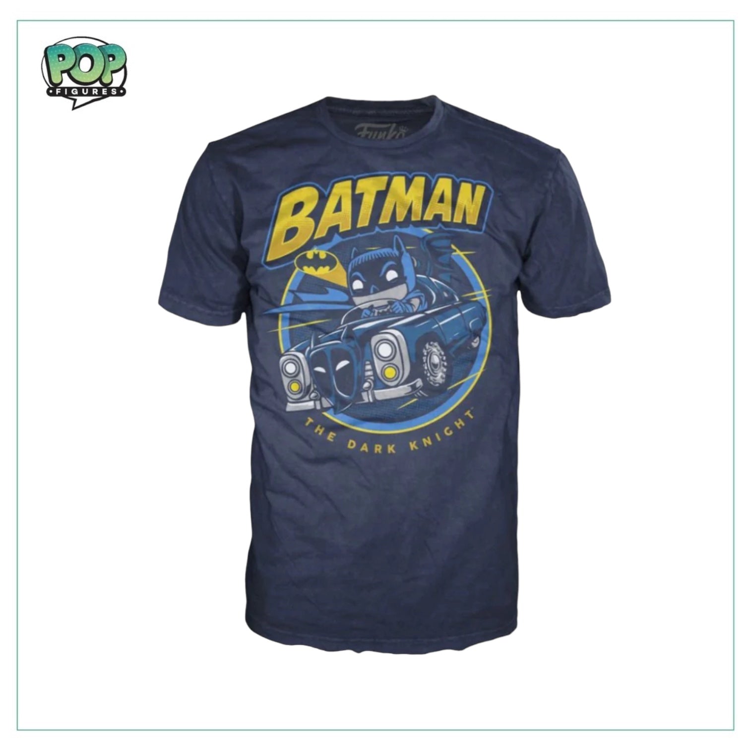 Black t-shirt featuring a simple graphic of Batman on a fun ride, perfect for fans of the superhero.