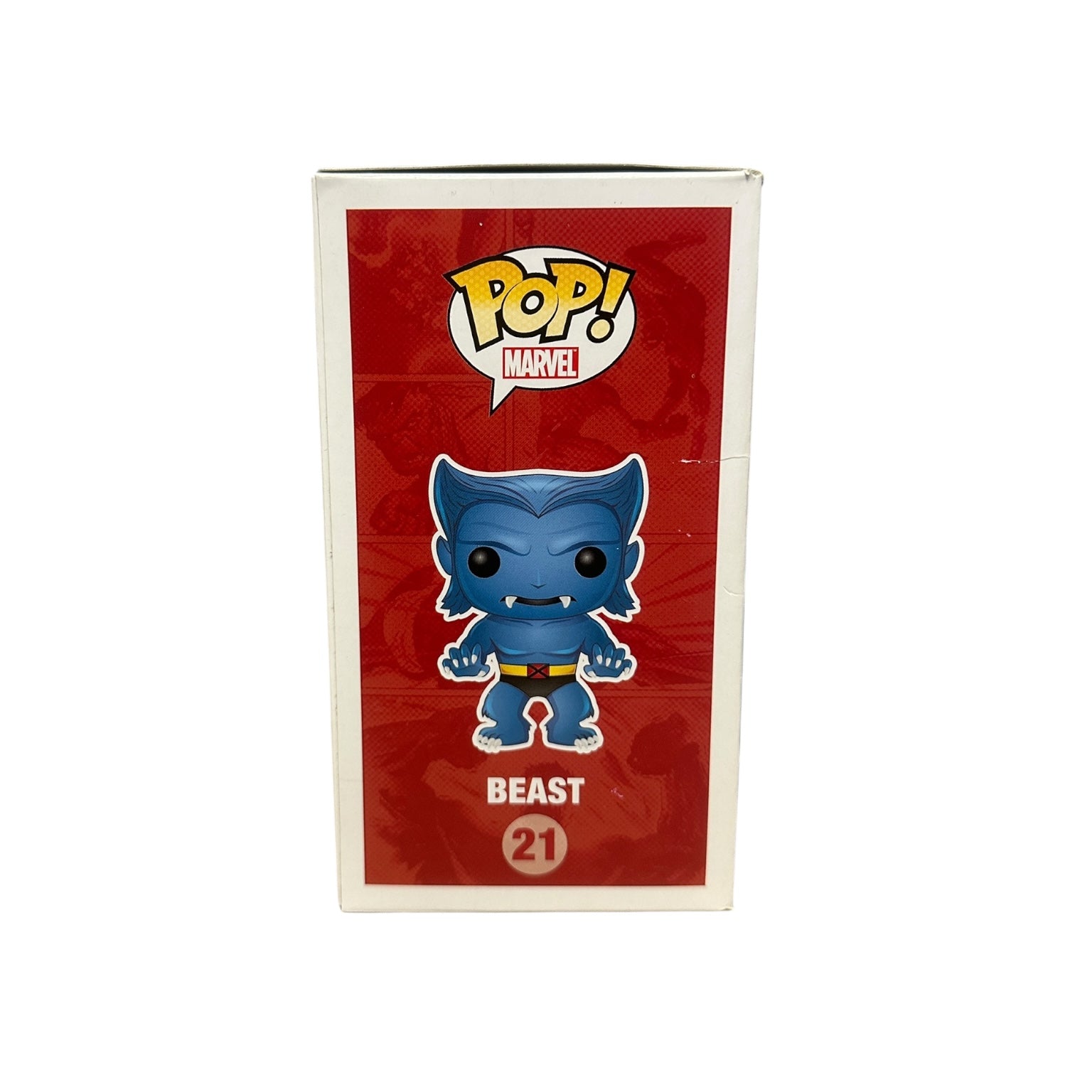 Funko Pop! Marvel Beast figure packaging on a red background