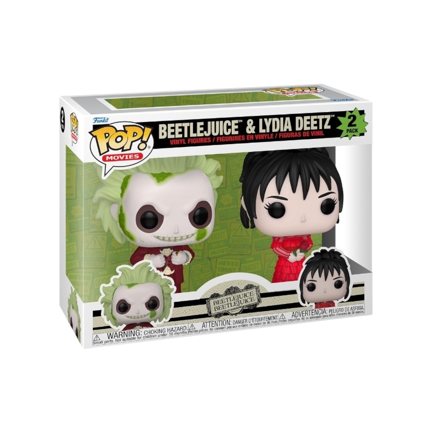 Collectible Funko Pop 2 Pack of Beetlejuice and Lydia Deetz, highlighting their unique styles and charm.