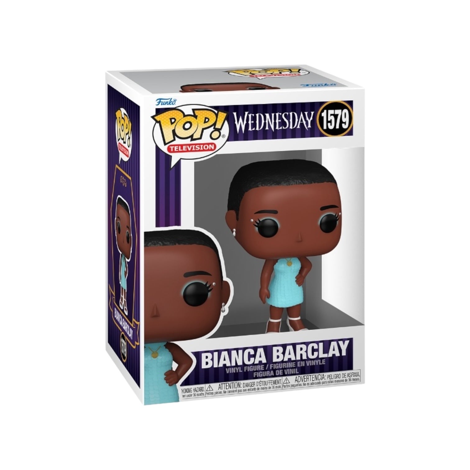 Bianca Barclay #1579 Funko Pop figure, featuring Wednesday Addams in her signature outfit, with a playful expression.