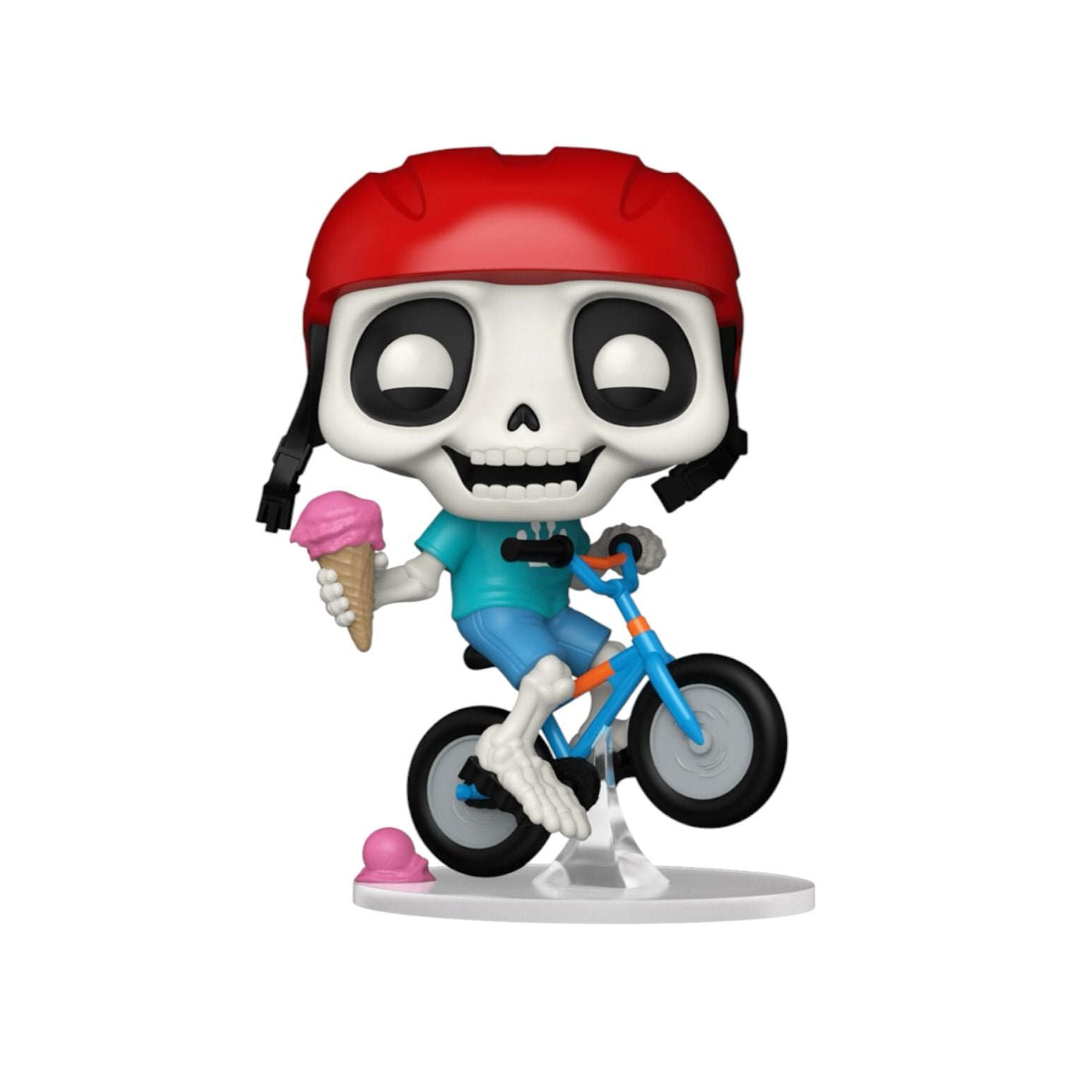 Skeleton figure with a red helmet riding a bike and holding an ice cream cone on a white background
