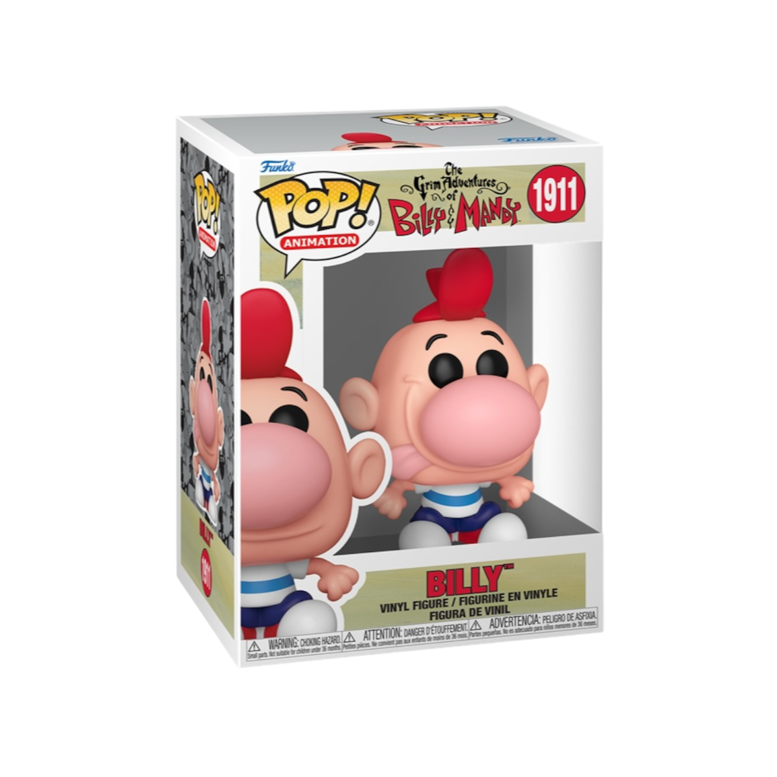 Billy from the Cartoon Network show Billy and Mandy, Wearing blue trousers and and blue and white horizontal striped t-shirt with red cap