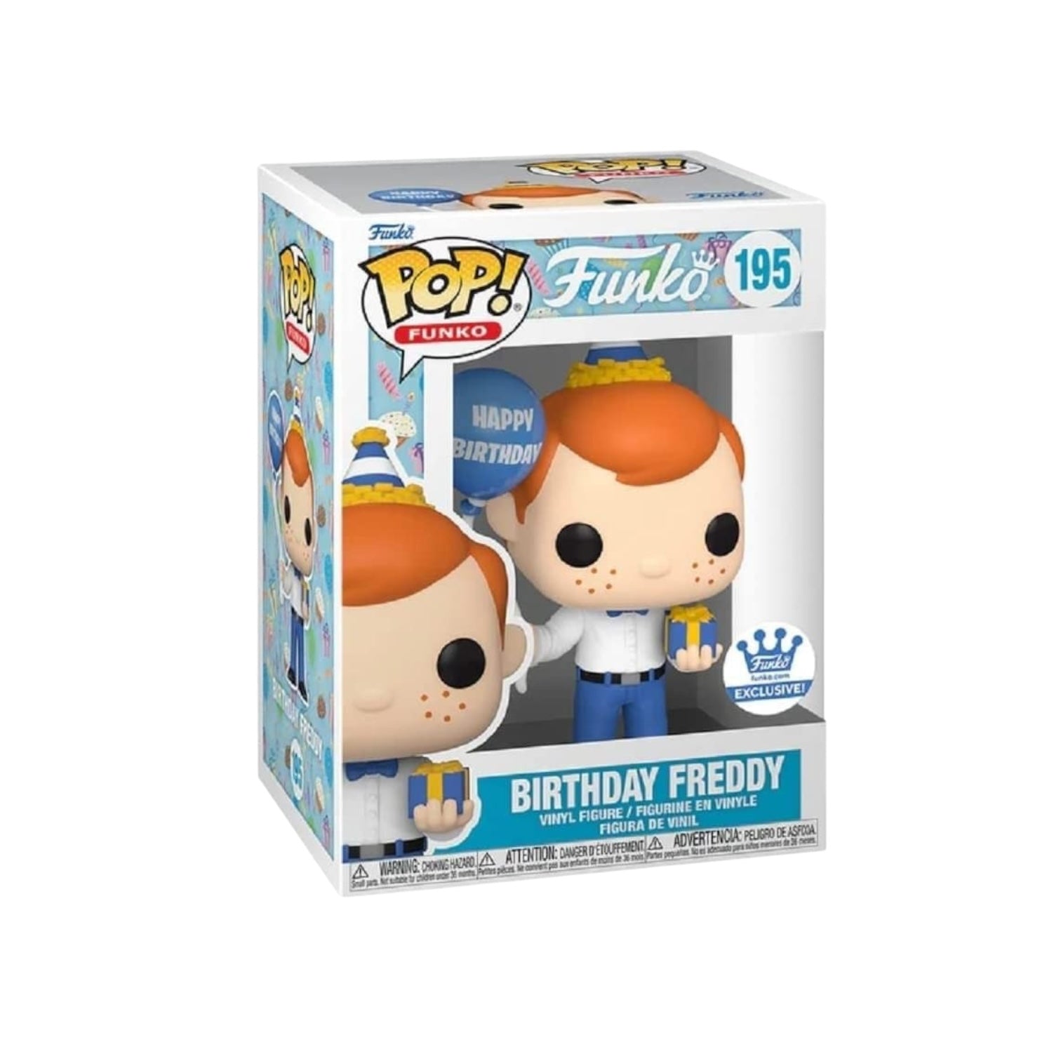 Freddy Funko holding a blue Happy Birthday balloon and a present with a birthday hat on.