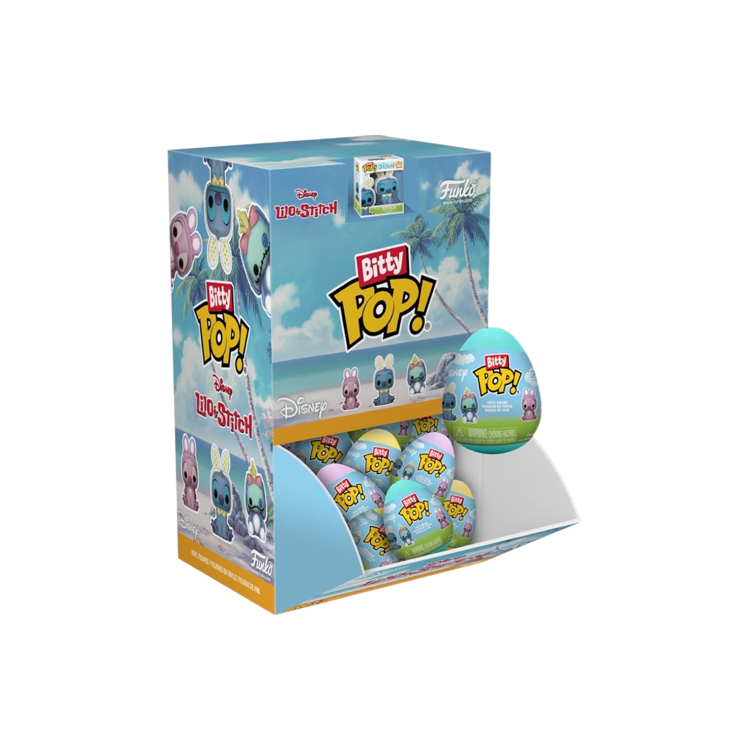 Display box of Bitty Pop! toys with a tropical design on the packaging.