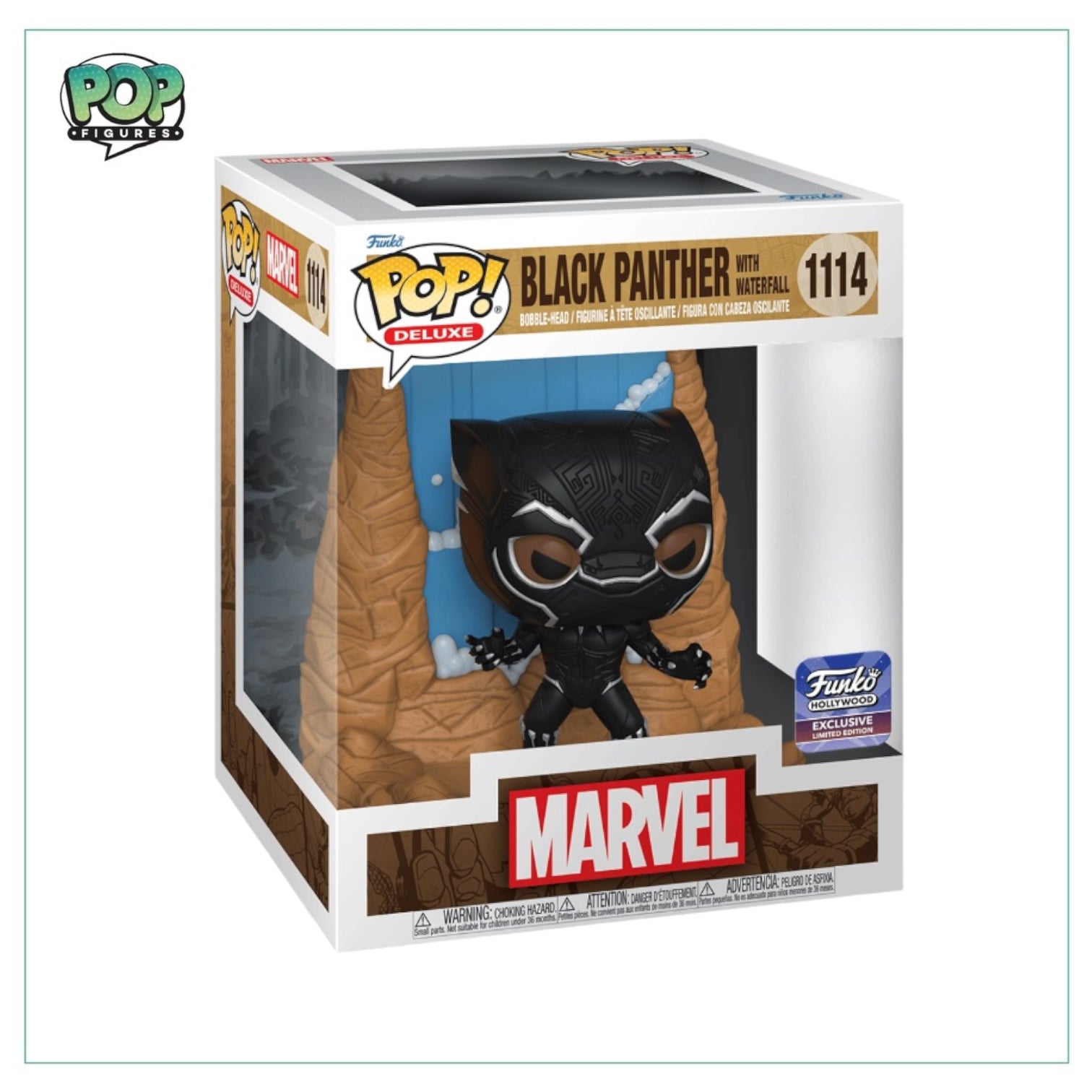 Funko Deluxe Pop! of Black Panther #1114, showcasing the superhero in a striking pose, available only at Funko Hollywood.